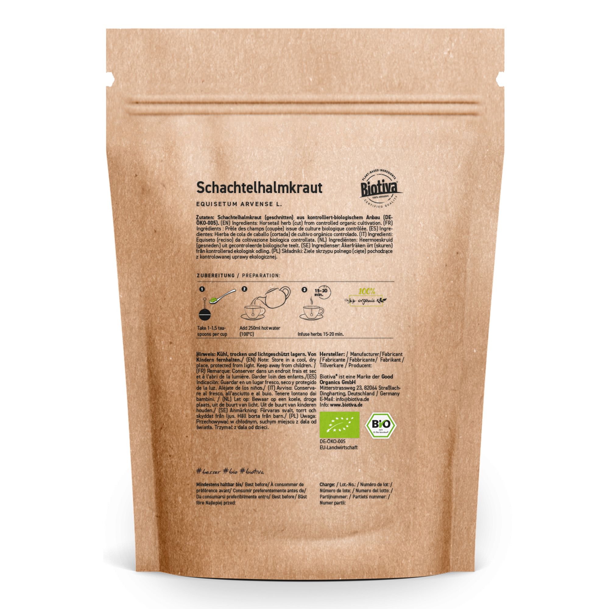 Rückseite der Biotiva-Verpackung. Text: Schachtelhalmkraut, Zubereitungshinweise, Bio-Siegel, EU-Bio-Logo.