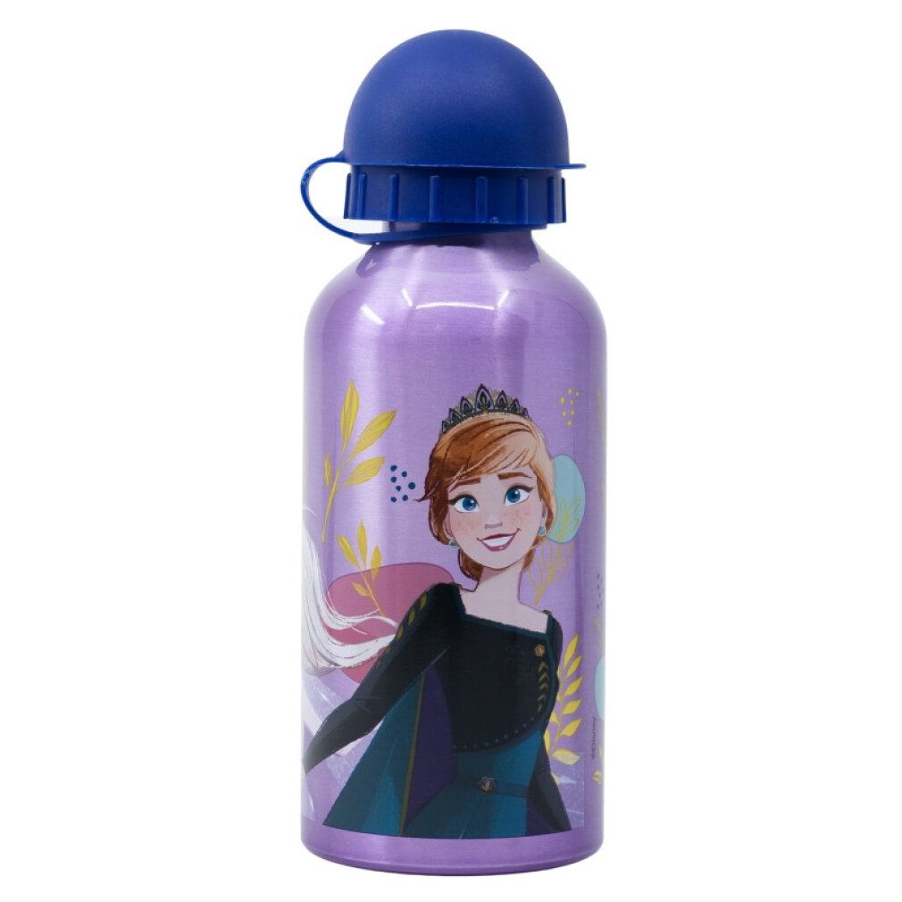 Violette Aluminiumflasche mit blauem Deckel. Aufdruck mit Anna aus dem Film Frozen. Flasche mit Schraubverschluss.