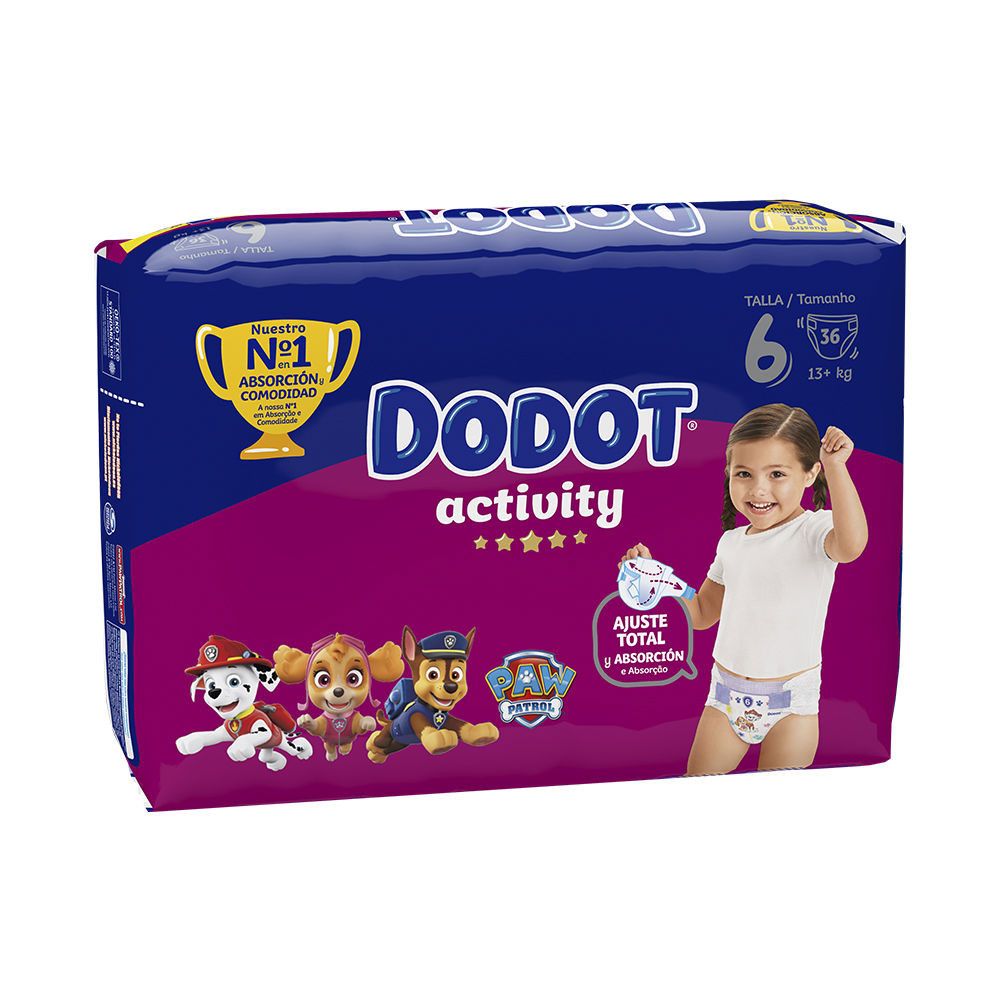 Windeln mit Aufdruck von Paw Patrol-Figuren. Auf der Verpackung steht "DODOT activity". Größe 6, 13+ kg.