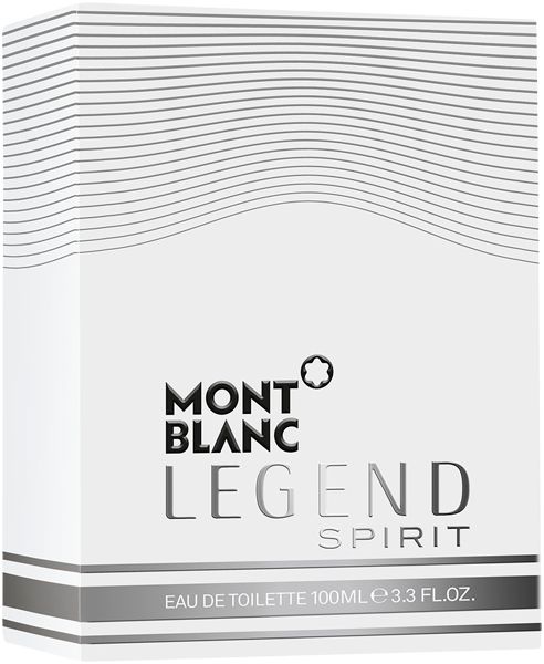Weiße Verpackung von Montblanc Legend Spirit Eau de Toilette. Schwarzes Logo und Schriftzug. Silberne Schrift Legend Spirit. 100ml und 3.3 FL.OZ.