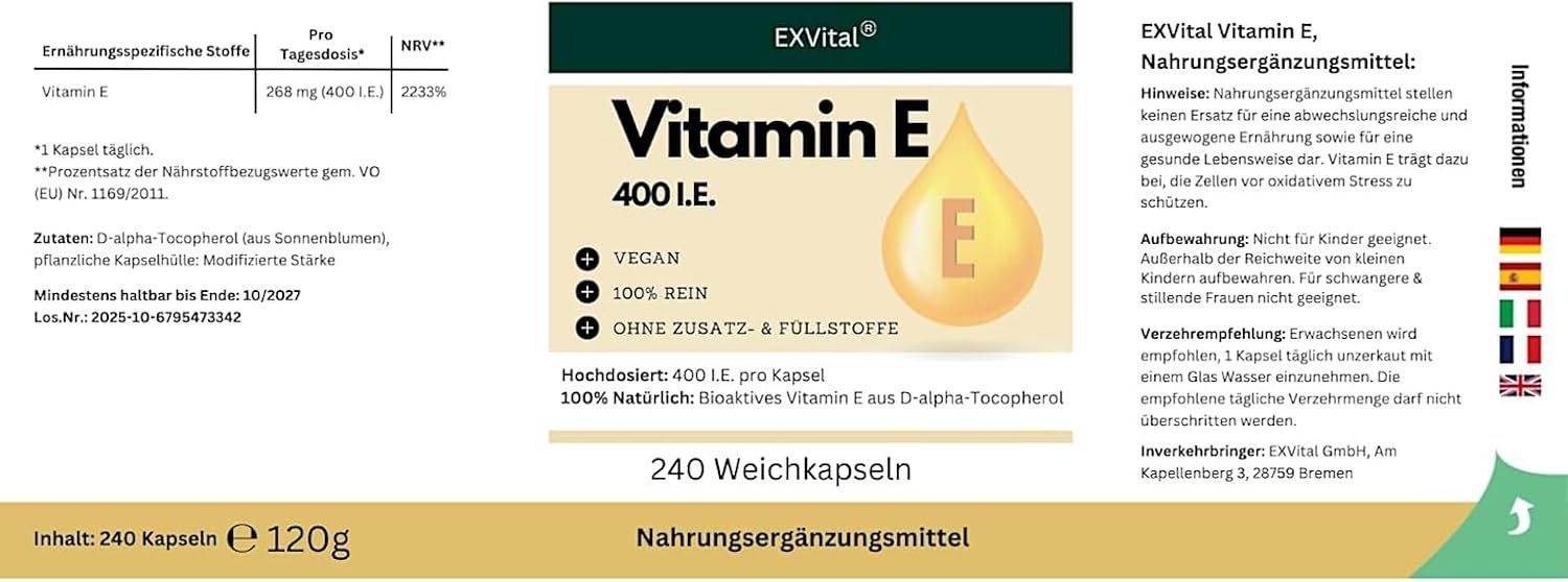 Produktetikett mit Vitamin E 400 I.E. und EXVital Logo. Angaben zu Inhaltsstoffen, Dosierung, und Hersteller. 240 Weichkapseln.