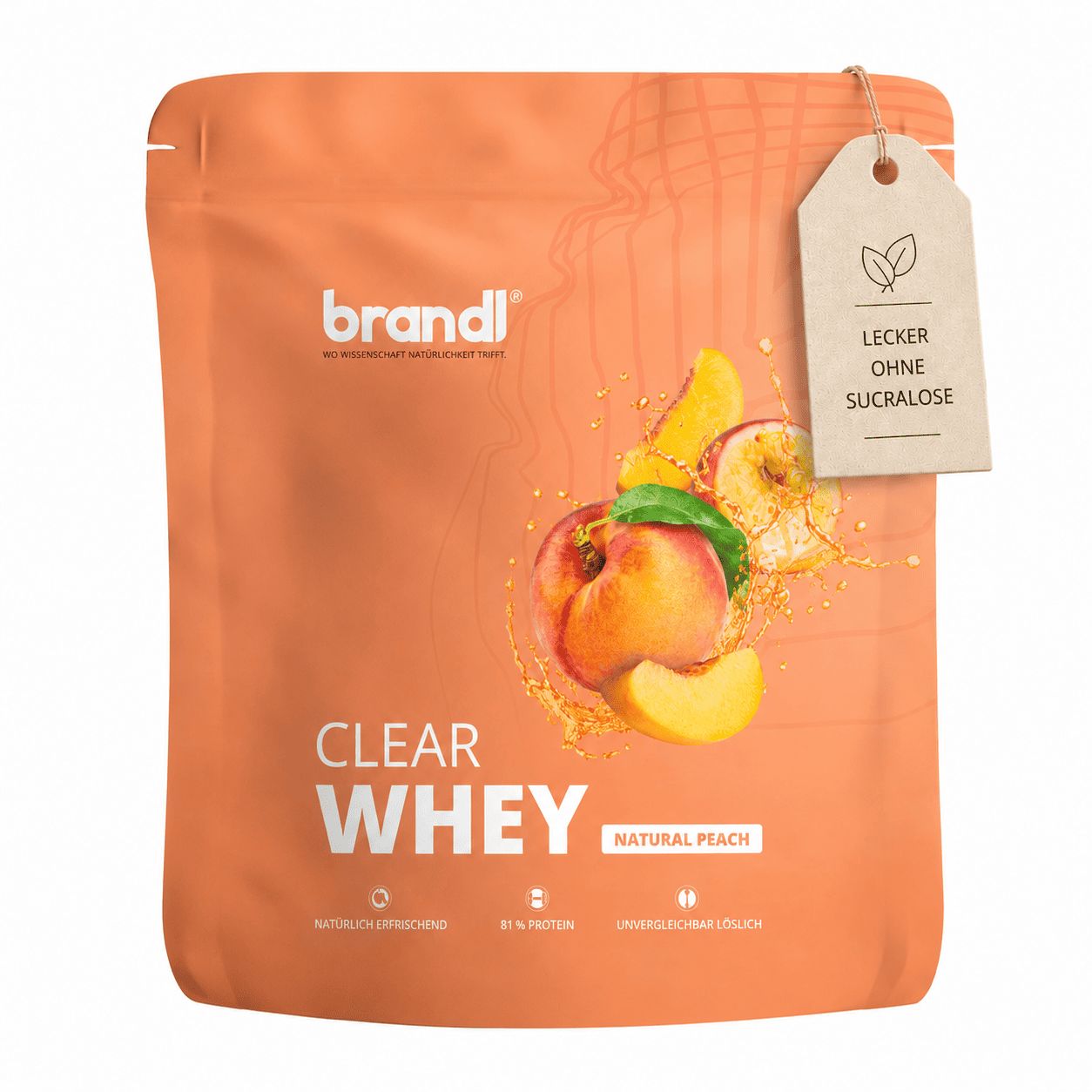 Beutel "brandl Clear Whey" mit Pfirsich-Abbildung. Text: Natural Peach, lecker ohne Sucralose.