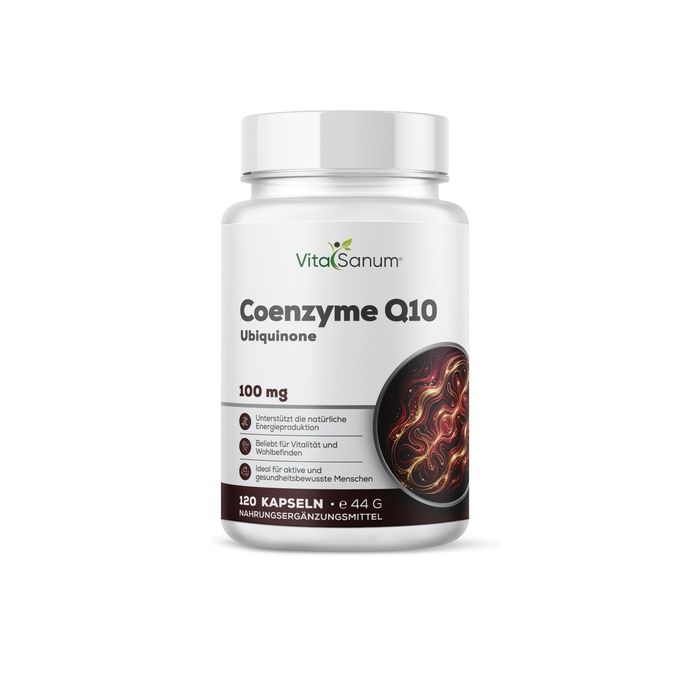VitaSanum Coenzym Q10 Kapseldose, 100 mg. Enthält 120 Softgelkapseln.