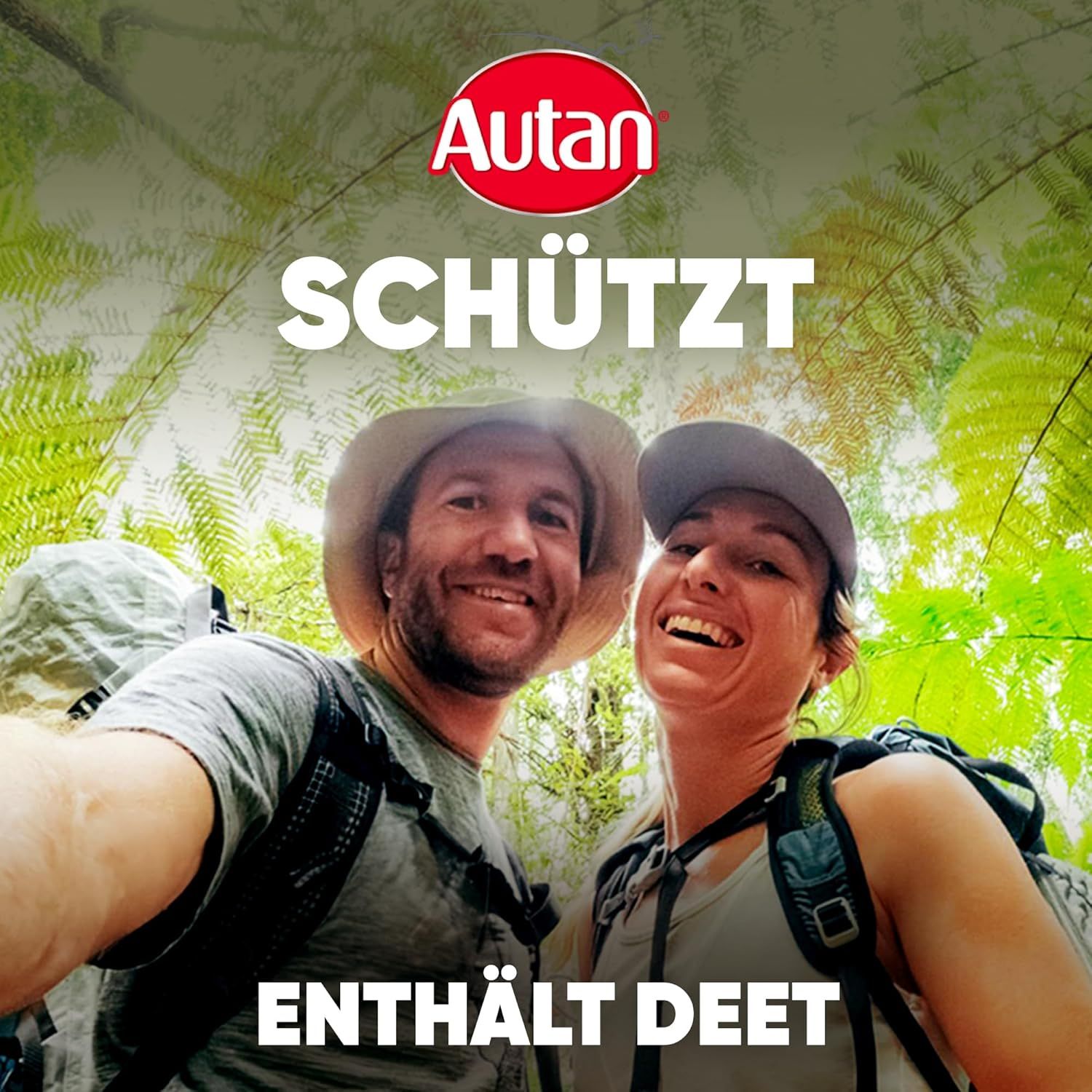Zwei Personen in der Natur. Text: Autan schützt. Enthält DEET.