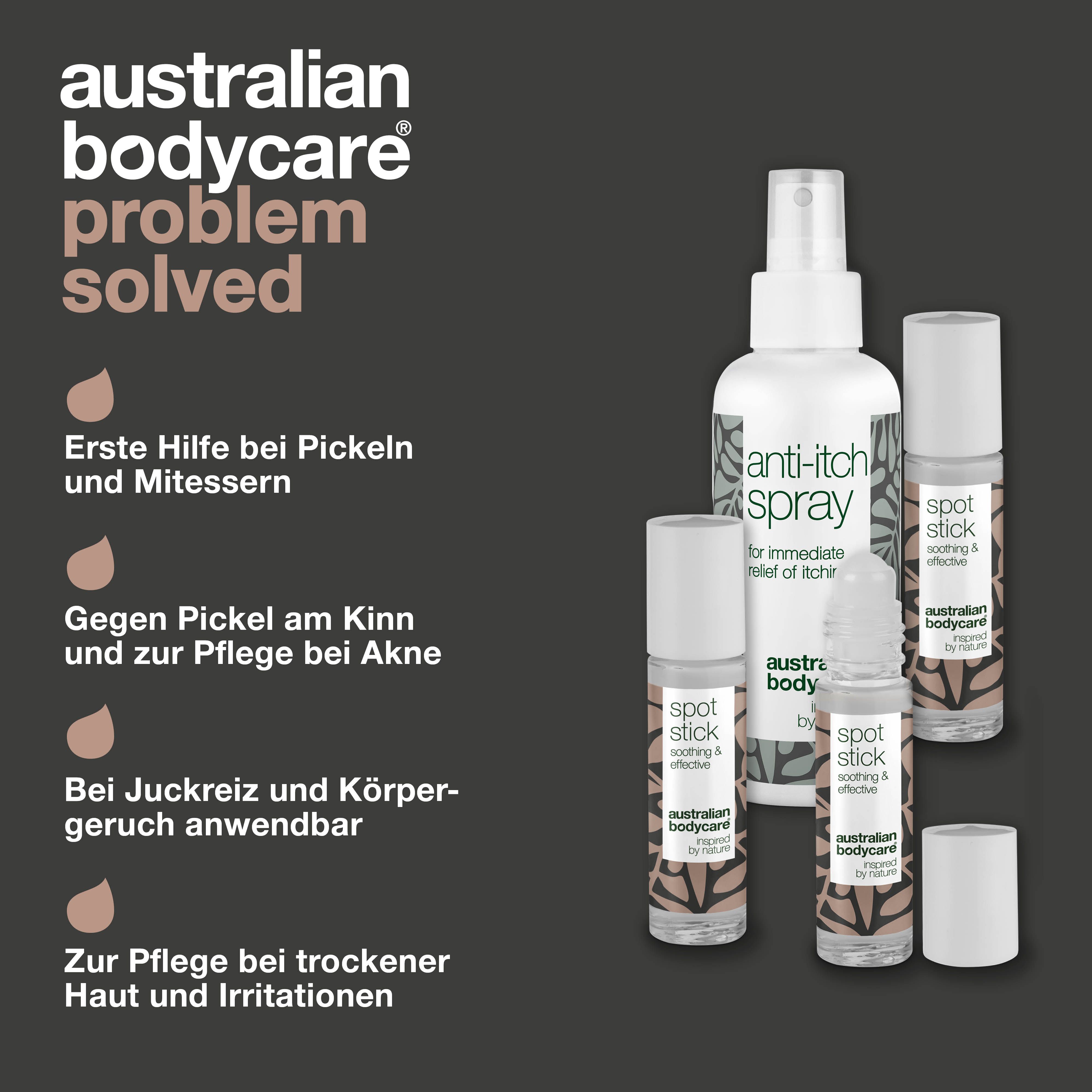 Grafik mit Problem und Lösung.  Anti-Juckreiz-Spray und Spot Sticks.  Markenname und Text sichtbar.