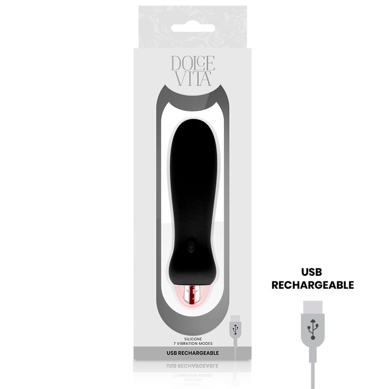 Verpackung mit schwarzem Silikon-Vibrator, USB aufladbar, 7 Vibrationsmodi.