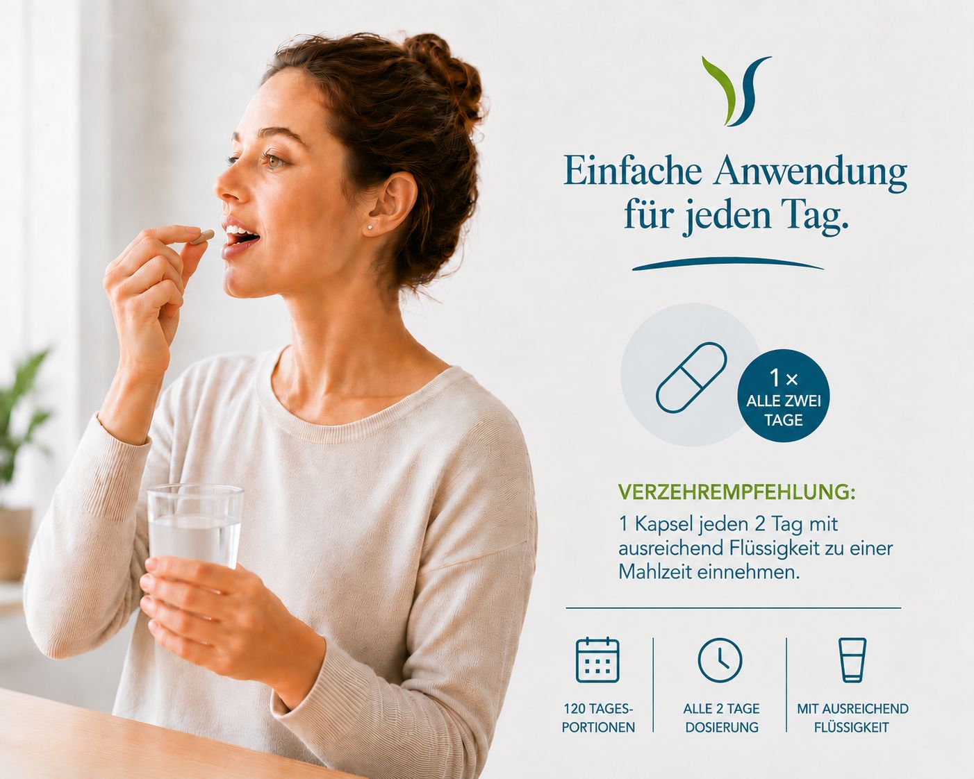 Frau nimmt eine Kapsel mit einem Glas Wasser ein.