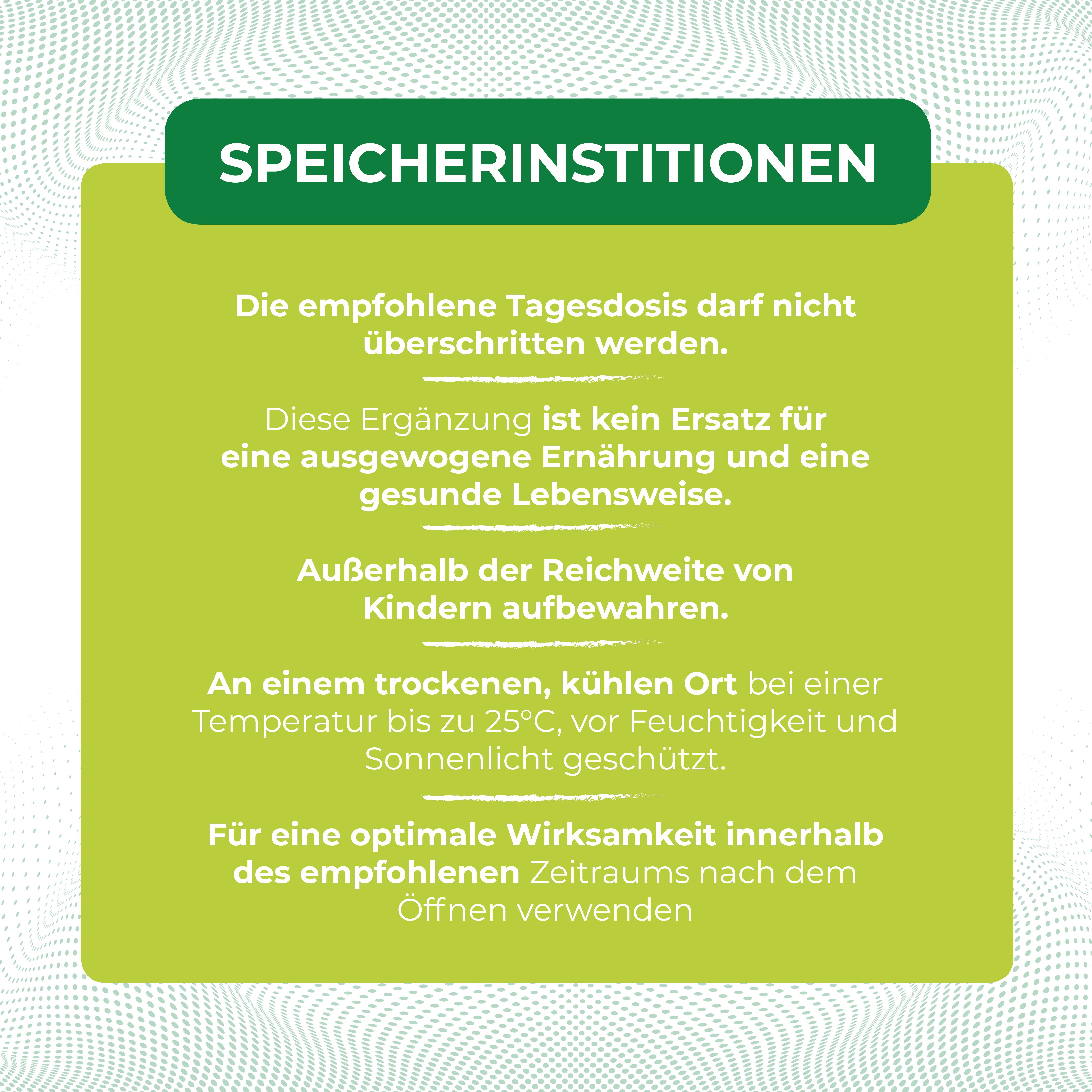 Lagerungshinweise: Kühl, trocken, vor Feuchtigkeit und Sonnenlicht geschützt lagern.