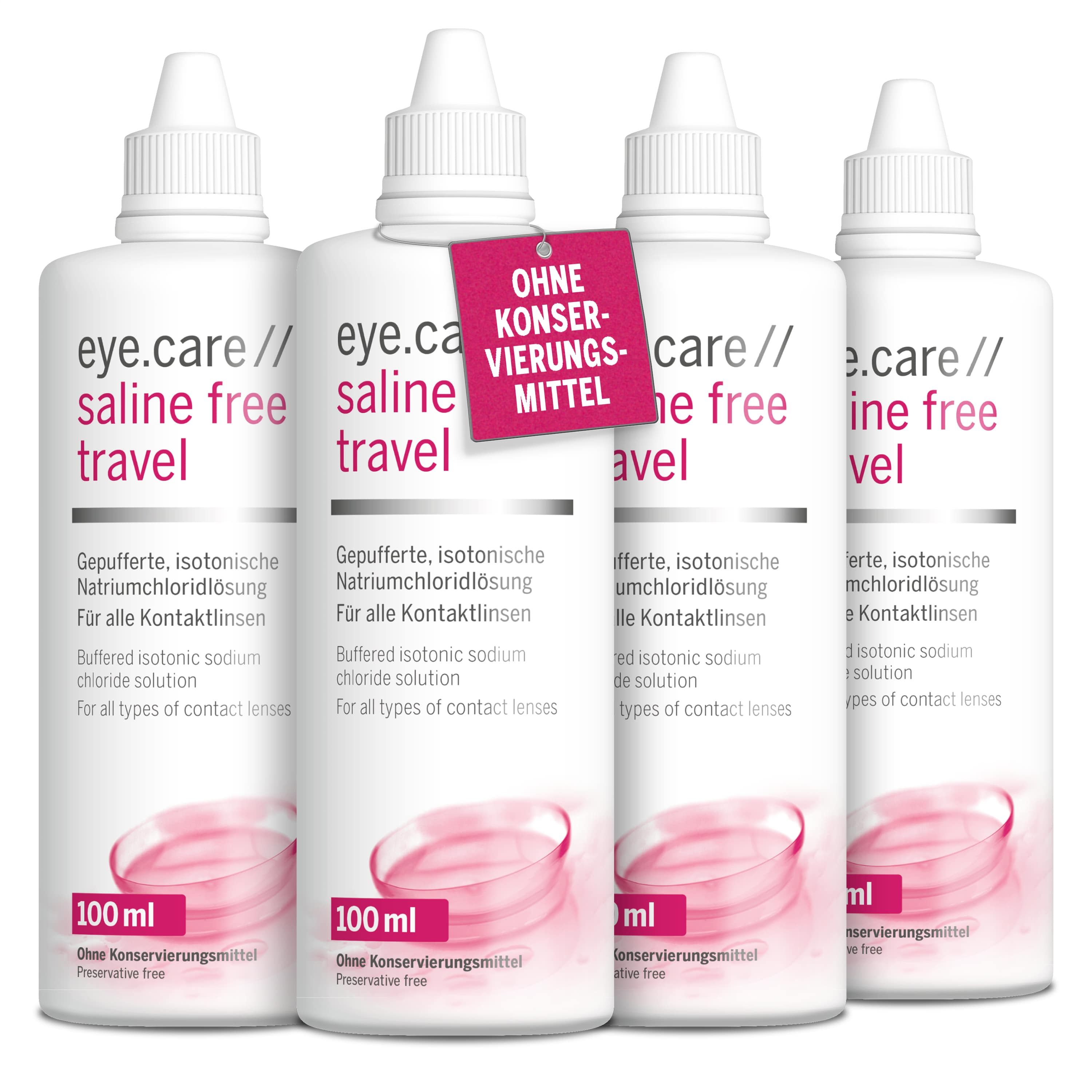 Vier Flaschen eye.care saline free travel. Aufschrift: Ohne Konservierungsmittel. 100 ml.