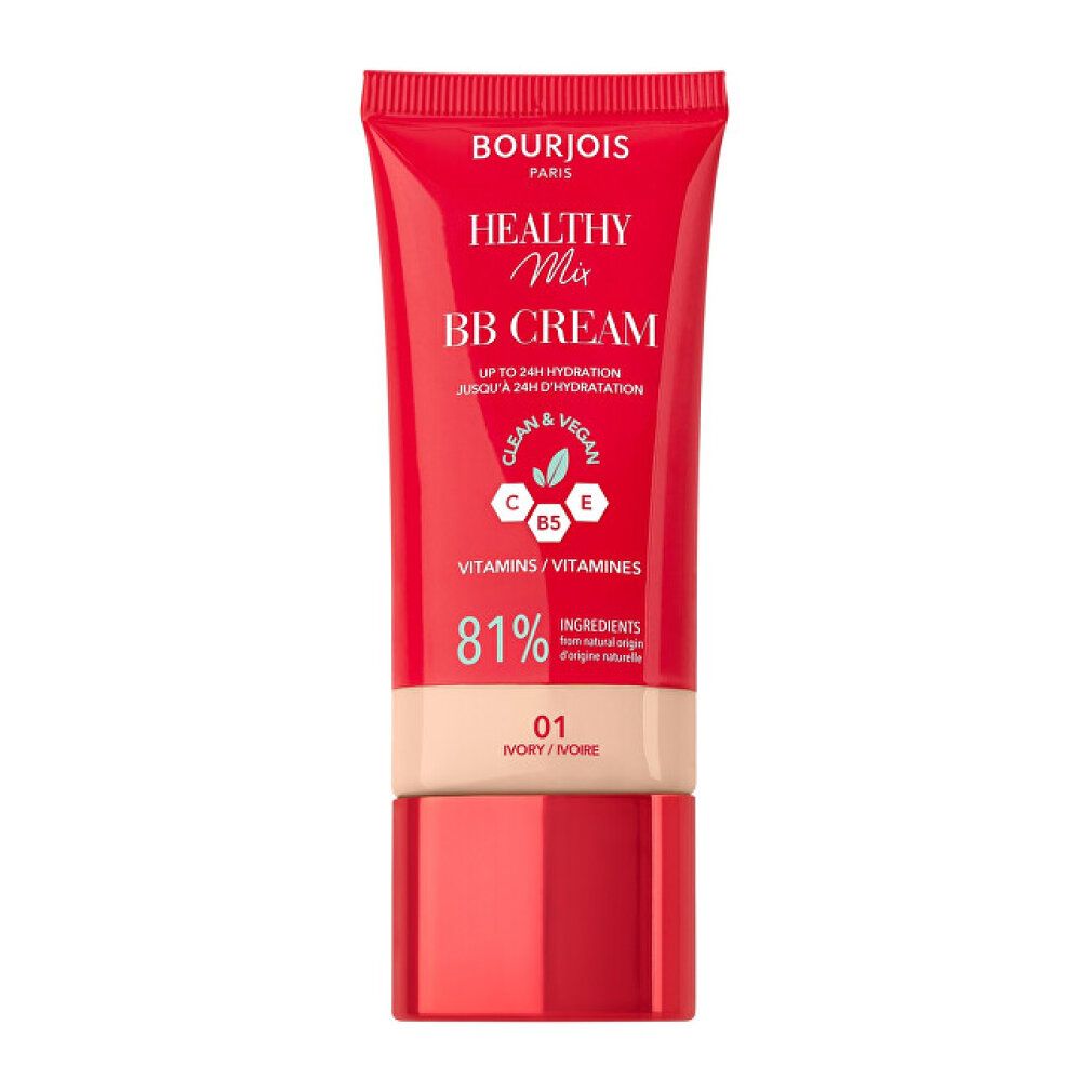 Rote Tube mit BB Cream. Aufschrift: Bourjois Paris, Healthy Mix, BB Cream, Clean & Vegan, 81% Inhaltsstoffe natürlichen Ursprungs. Farbton: 01 Ivory/Ivoire.
