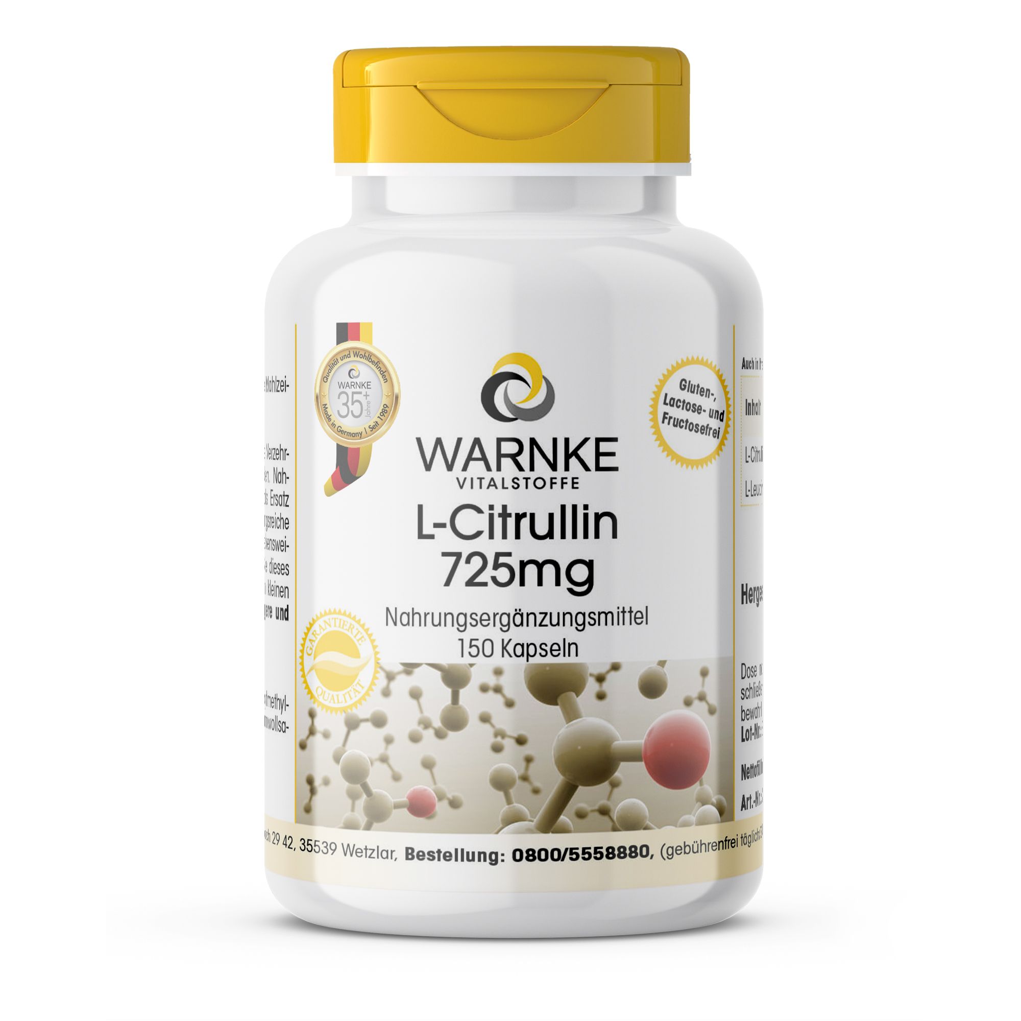 Weiße Flasche mit gelbem Deckel. Aufschrift: Warnke Vitalstoffe L-Citrullin 725mg. Nahrungsergänzungsmittel. 150 Kapseln.