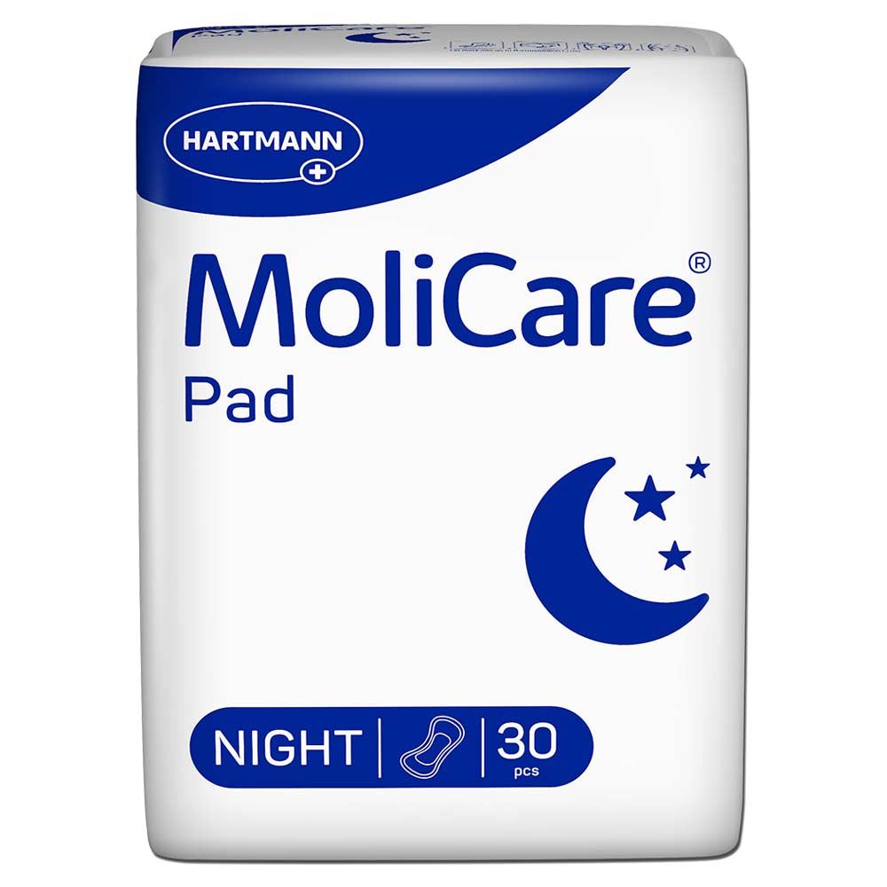 Verpackung MoliCare Pad Night. Weiß mit blauem Logo und Produktbezeichnung. Mond und Sterne-Symbol. 30 Stück.