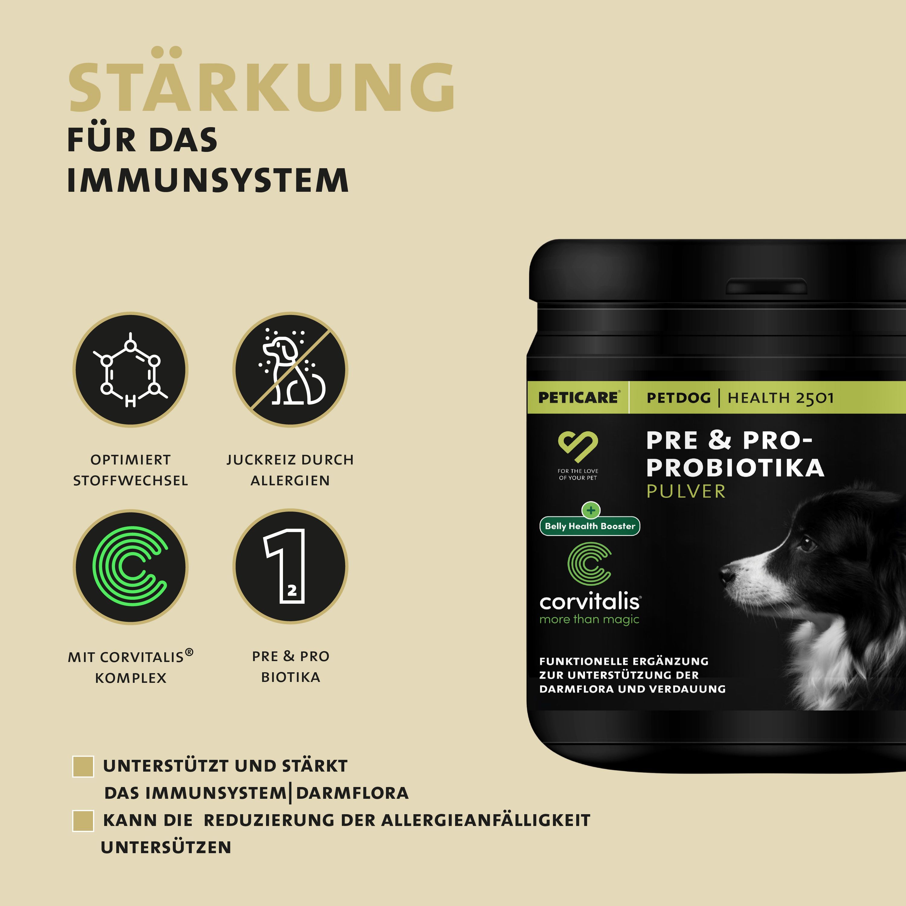 Dose Peticare Petdog Health 2501 Pulver. Text: Stärkung für das Immunsystem. Mit Corvitalis Komplex, Pre & Pro Biotika.
