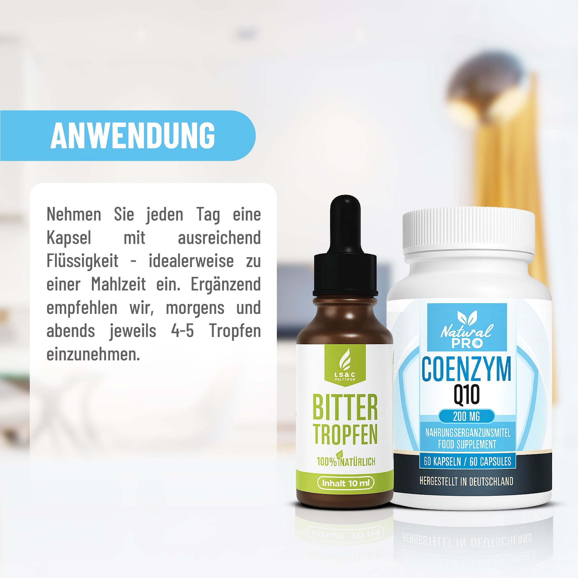 Tropfenflasche und Kapsel-Dose. Text: Anwendung. Aufschrift: Bitter Tropfen, 100% natürlich, Inhalt 10 ml. Dose: Coenzym Q10, 200 mg, 60 Kapseln.