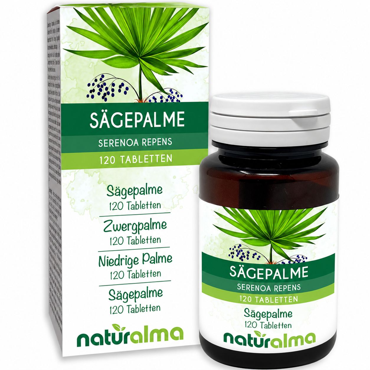 Sägepalme Tabletten von Naturalma, 120 Stück in Braunglastiegel mit Faltschachtel.