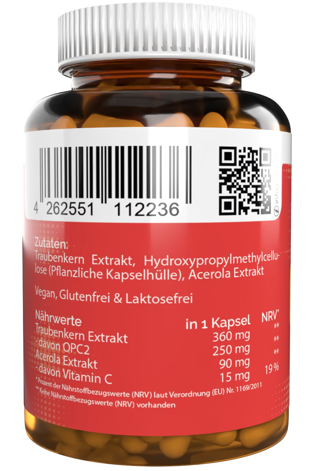 Rückseite einer Flasche mit Kapseln. Rotes Etikett mit Barcode, QR-Code und Nährwertangaben. Zutatenliste.