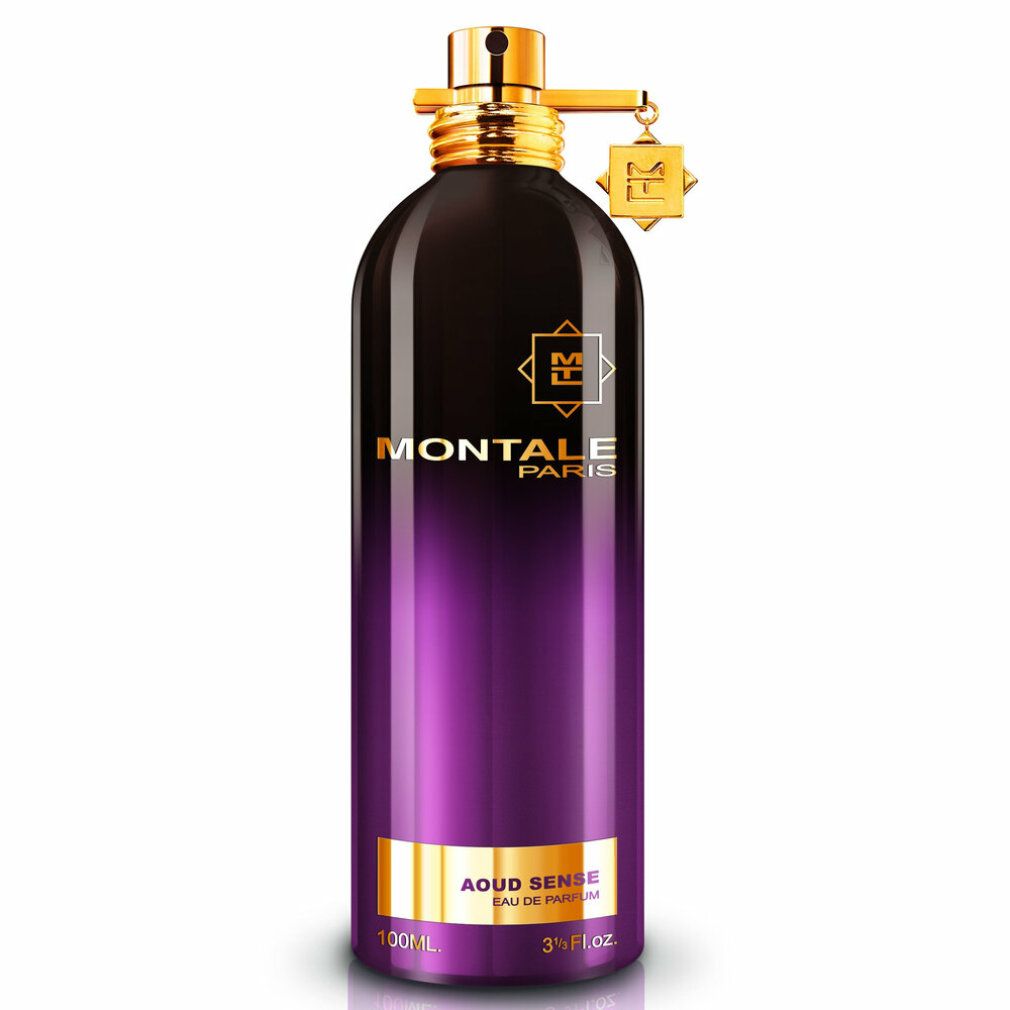 Parfümflakon mit Farbverlauf. Goldener Verschluss und Anhänger. Aufschrift: Montale Paris, Aoud Sense Eau de Parfum.