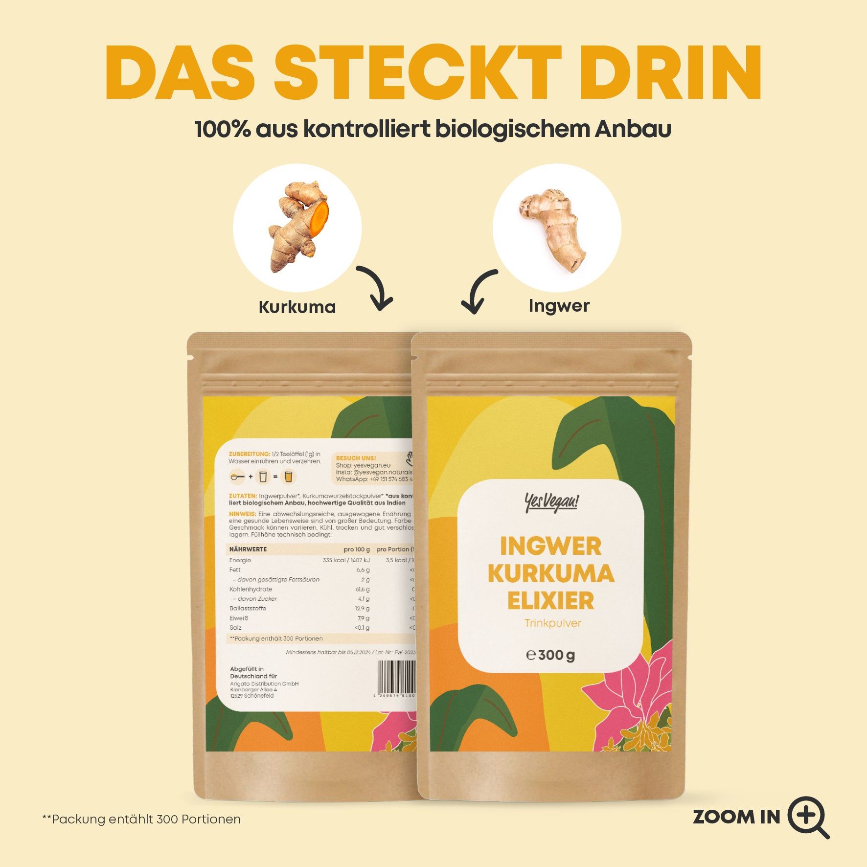 Zwei Beutel Ingwer Kurkuma Elixier. Aufschrift: Ingwer Kurkuma Elixier, 300g. Abbildung von Kurkuma und Ingwer.