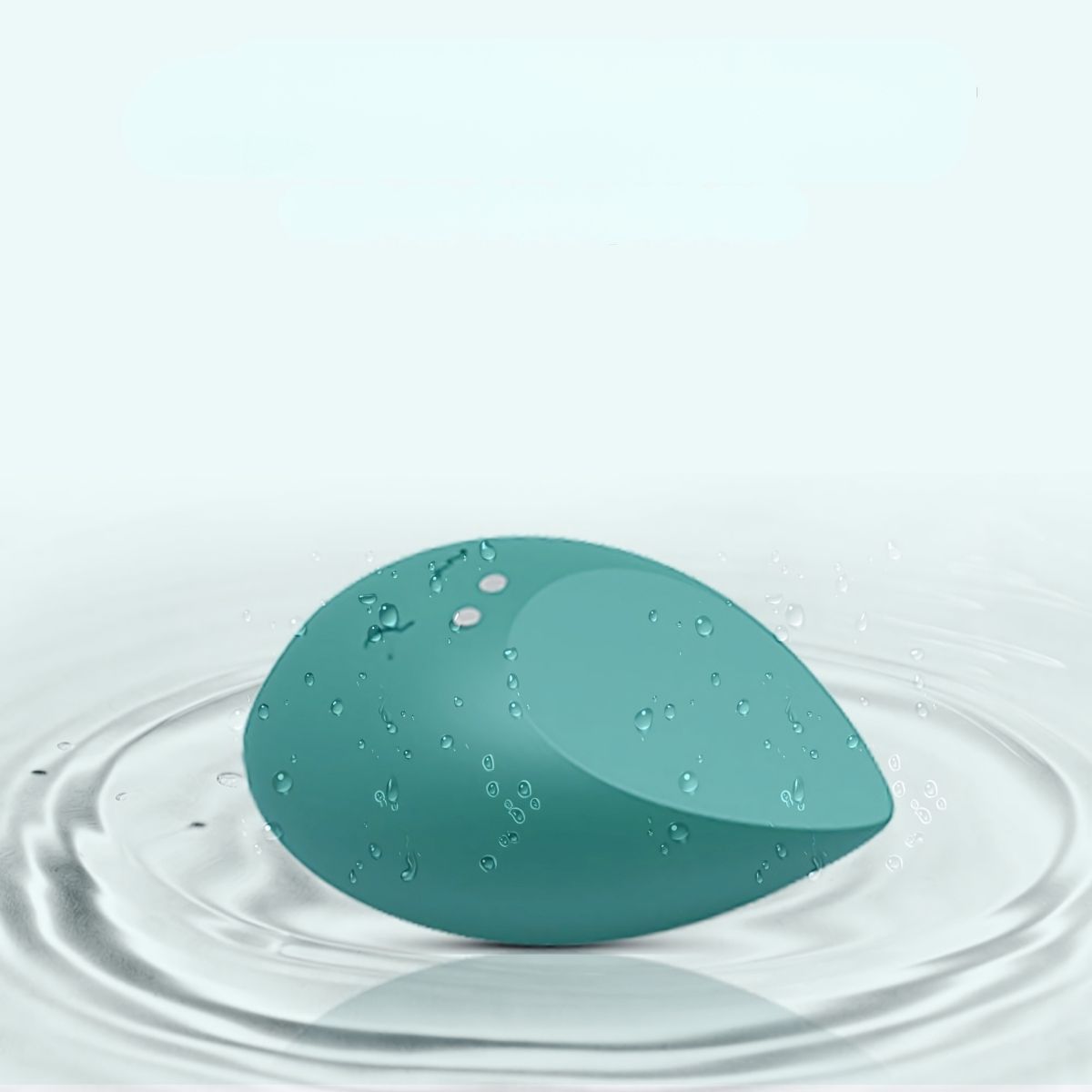 Tropfenförmiger Vibrator in Grün. Wasser auf der Oberfläche. Klare, einfache Form.