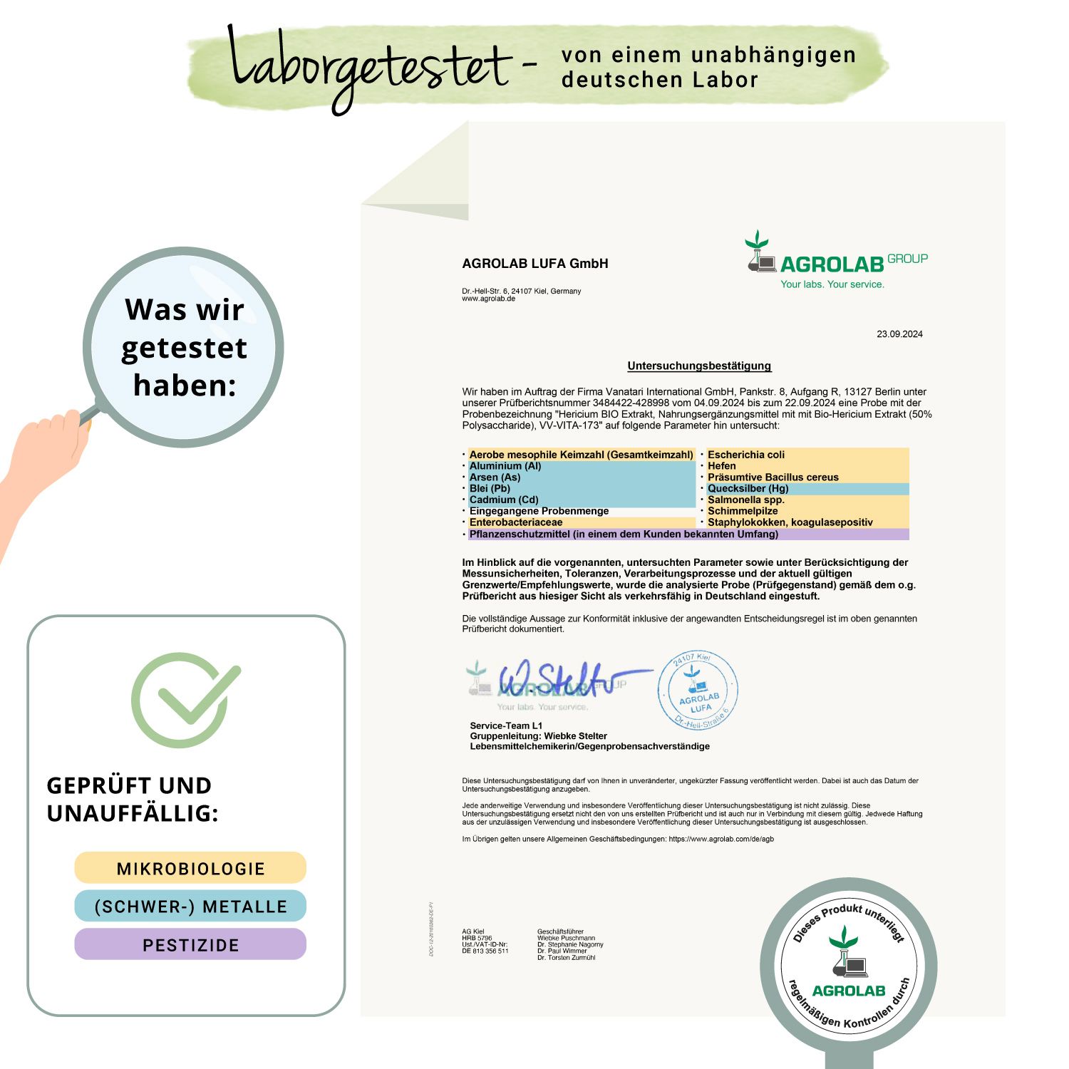 Zertifikat von Agrolab LUFA GmbH. Geprüft auf Mikrobiologie, Schwermetalle und Pestizide. Mit Siegel und Unterschrift.
