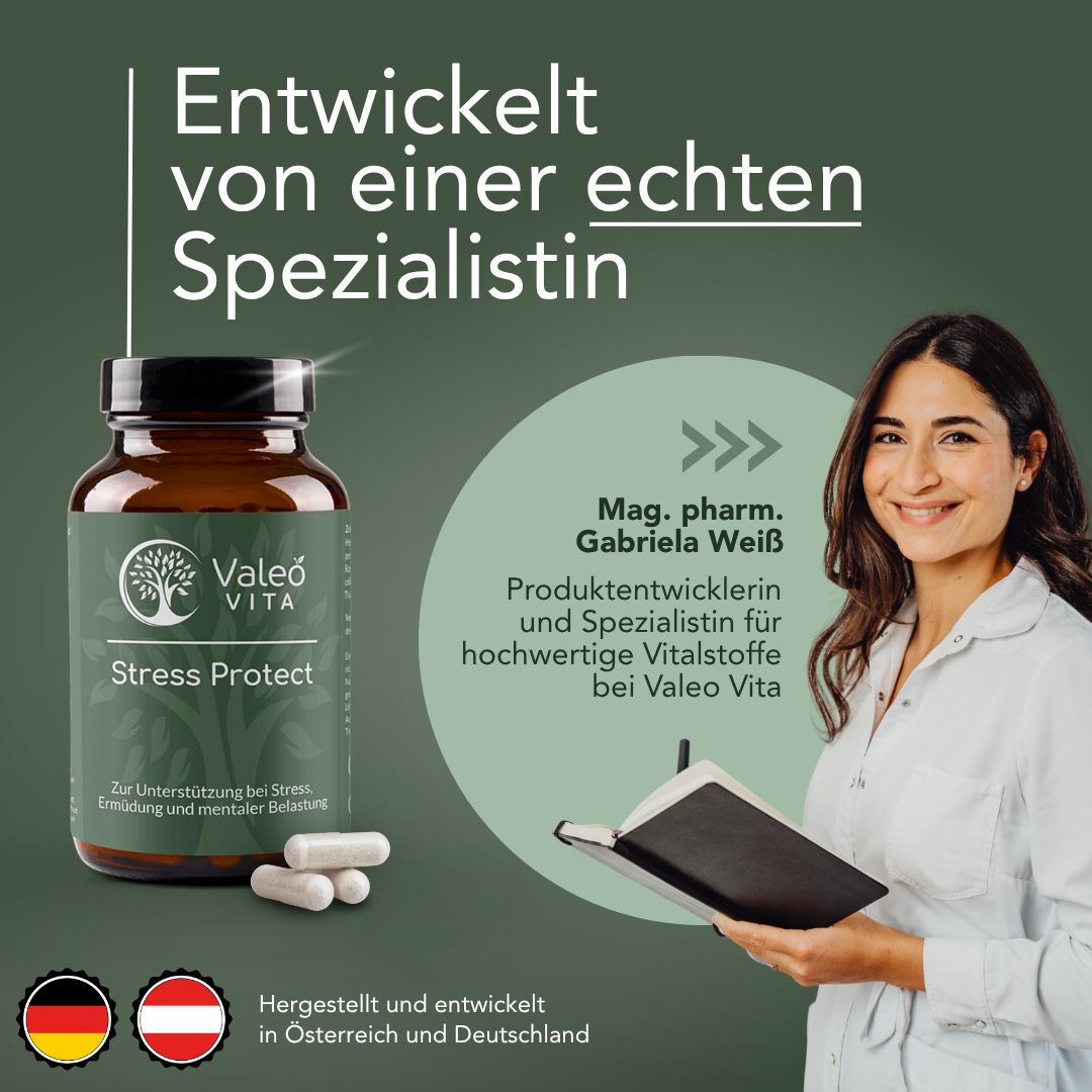 Produktflasche neben Frau mit Notizbuch. Schriftzug 'Valeo Vita Stress Protect'. Kapseln daneben.