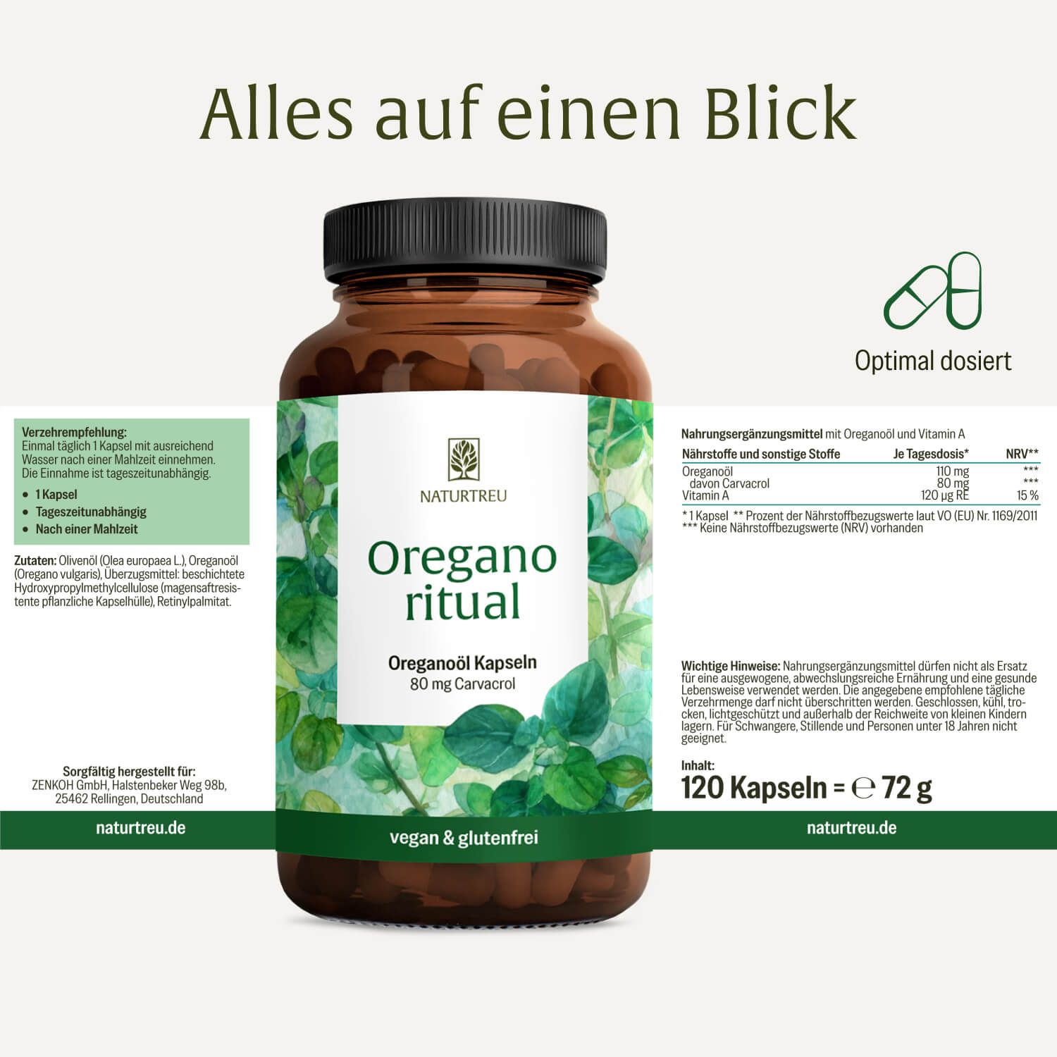 NATURTREU Oregano ritual Kapseln: Braunglasflasche mit detaillierten Nährwert- und Anwendungsinformationen.