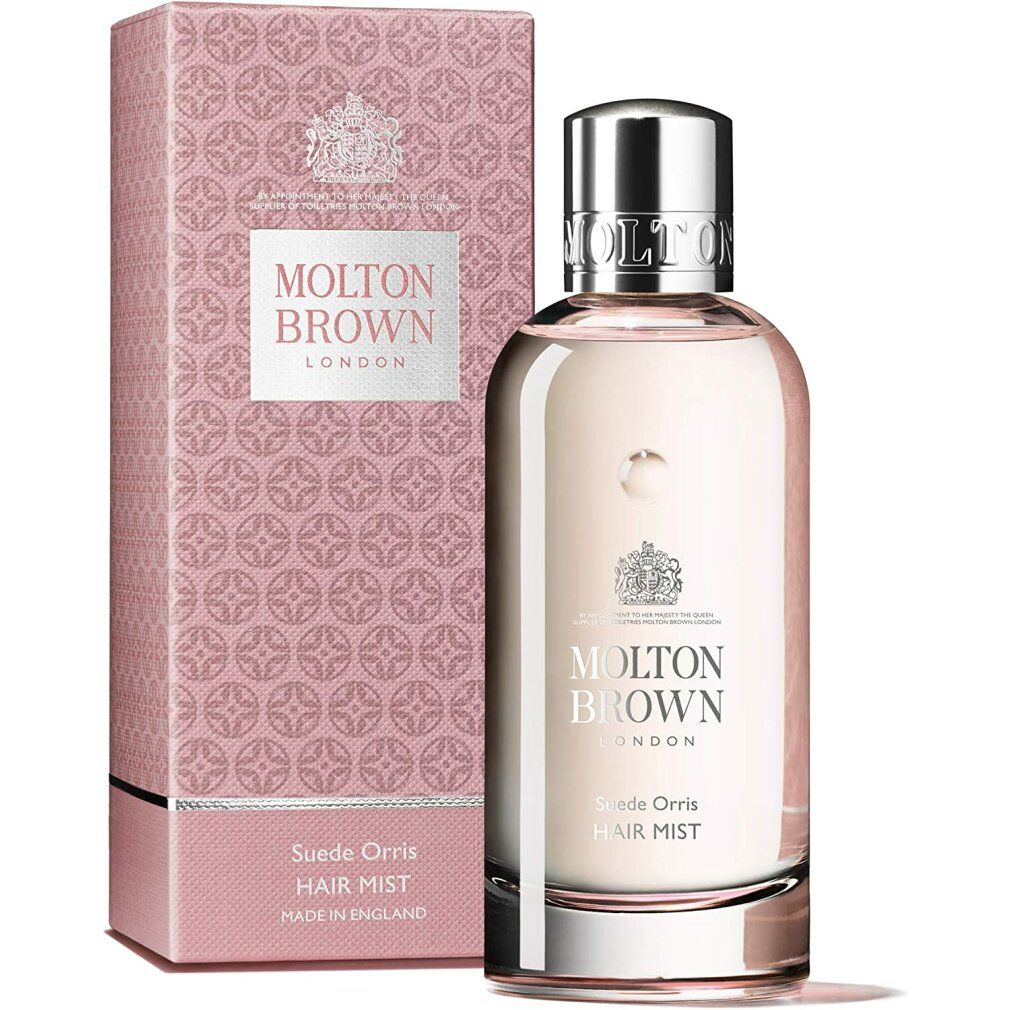 Flasche und Verpackung von Molton Brown Suede Orris Hair Mist. Rosa Verpackung mit Logo. Flasche mit silbernem Deckel.