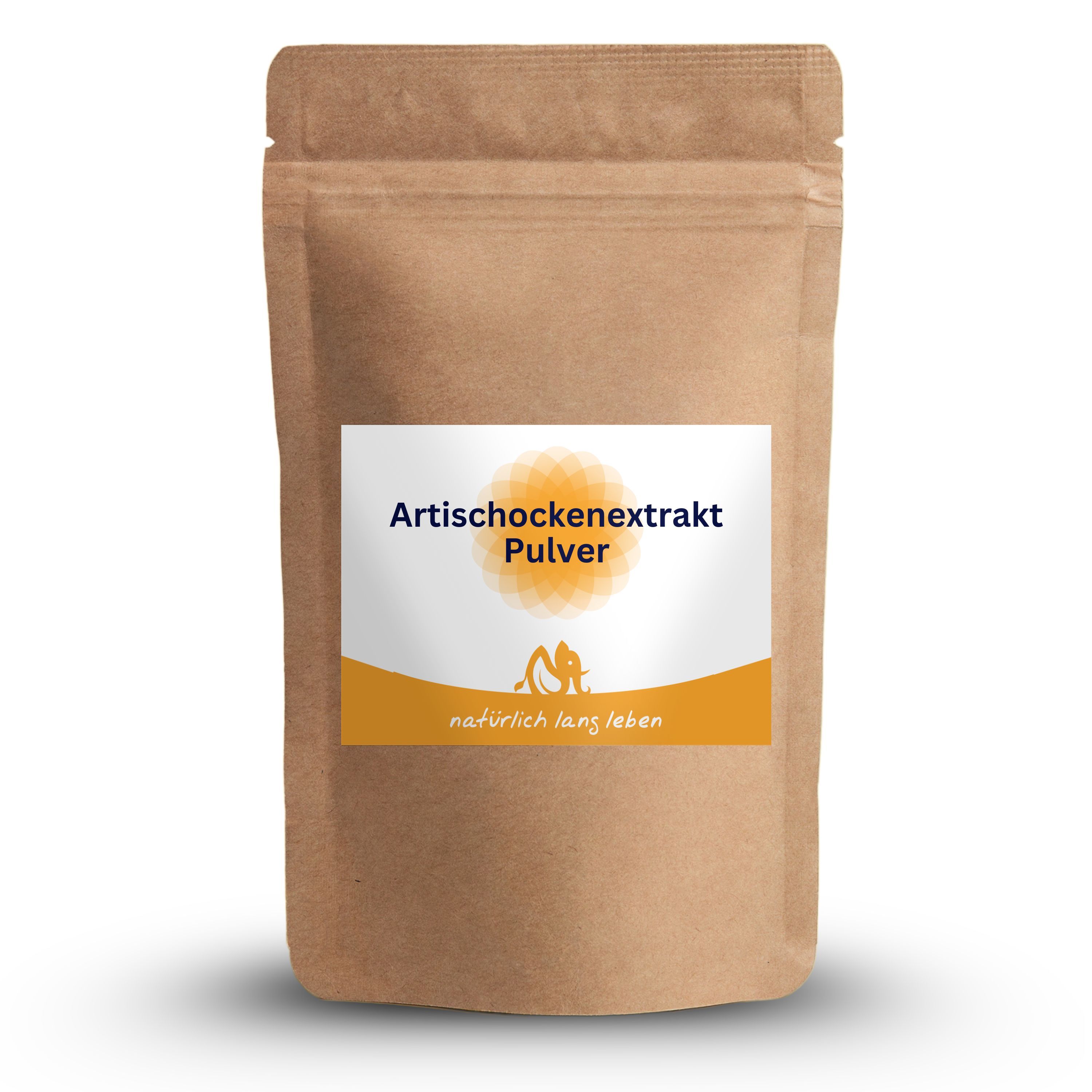 Braune Tüte mit Etikett. Aufschrift: Artischockenextrakt Pulver. Logo: natürlich lang leben.