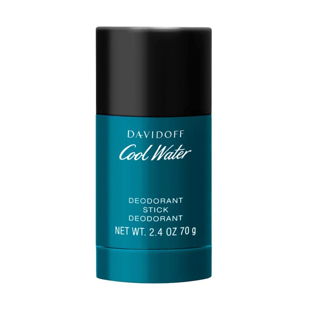 Davidoff Cool Water Deodorant Stick. Zylindrische Verpackung in Blau-Türkis. Produktbezeichnung und Inhaltsangabe.