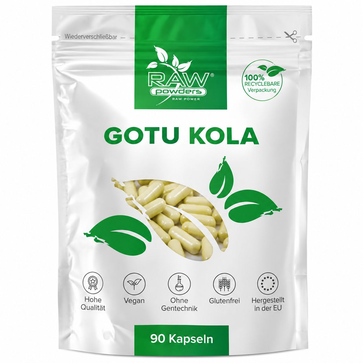Standbodenbeutel mit 90 Kapseln Gotu Kola, Marke Raw Powders.
