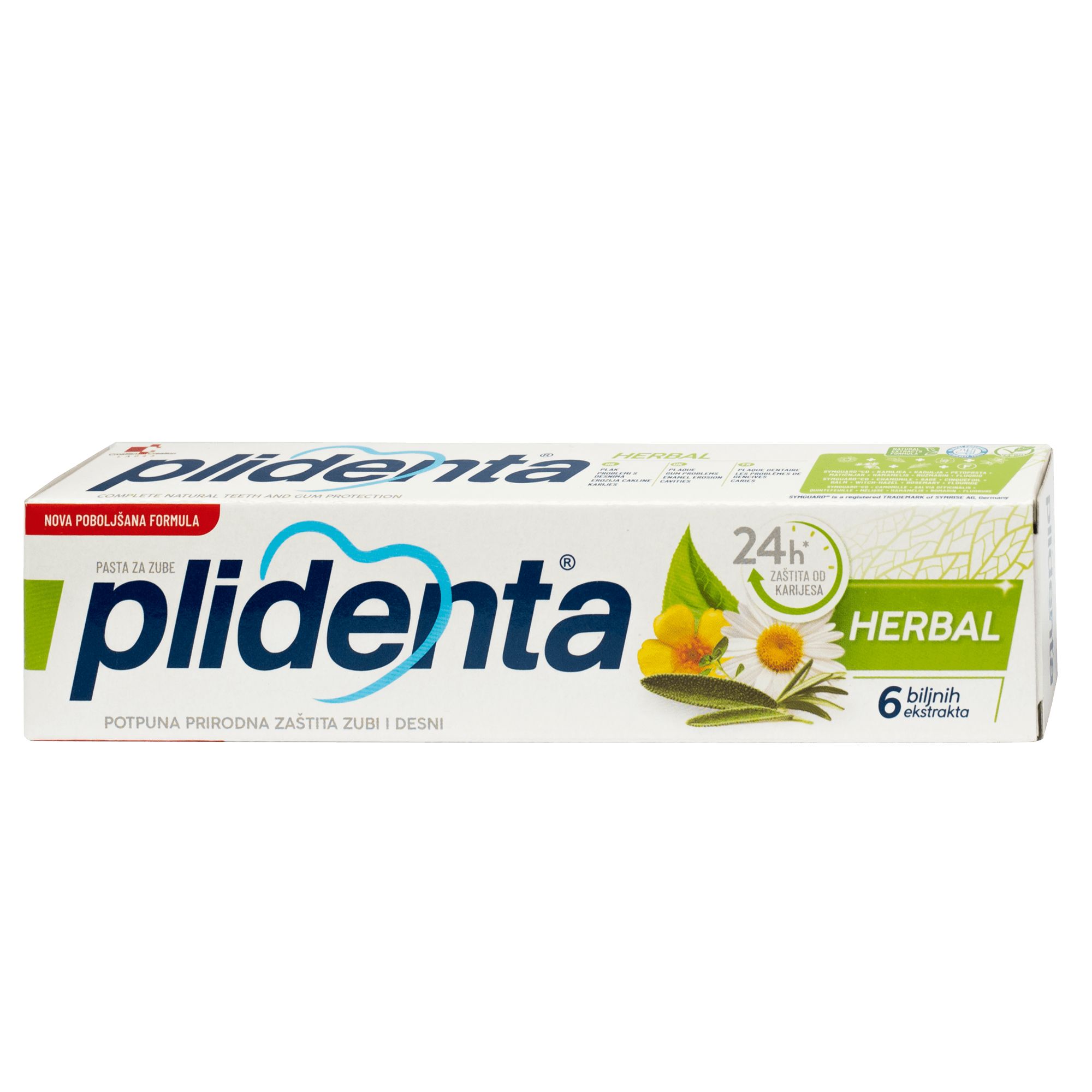 Plidenta Herbal Zahnpasta-Schachtel. Weiß, grün und blau. Aufschrift: Herbal, 6 Kräuter, 24h Schutz. Produktname: Plidenta.