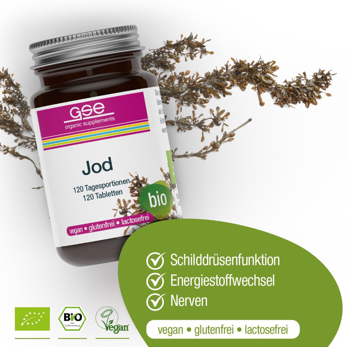 Braune Glasflasche mit "Jod" Etikett. "bio" Label. Text: 120 Tabletten.  GSE Logo.  Vegan, glutenfrei, lactosefrei.