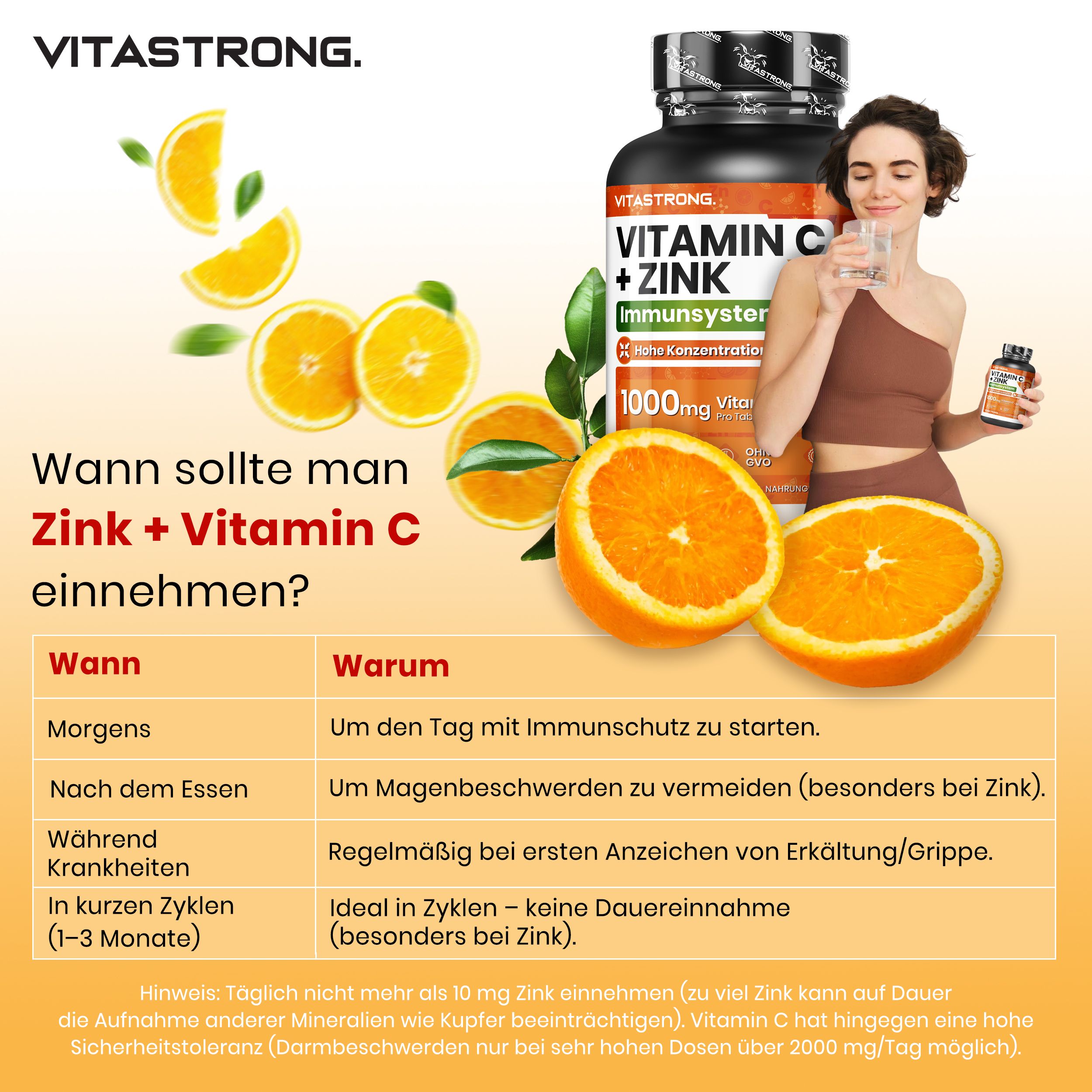 Frau trinkt Wasser, neben ihr eine Flasche Vitastrong Vitamin C + Zink. Text: „Wann sollte man Zink + Vitamin C einnehmen?“
