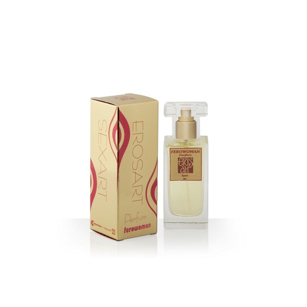 Parfümflakon und Verpackung. Auf der Verpackung steht "EROSART SEXART". Auf dem Flakon steht "FEROWOMAN Parfum eros art Spain".
