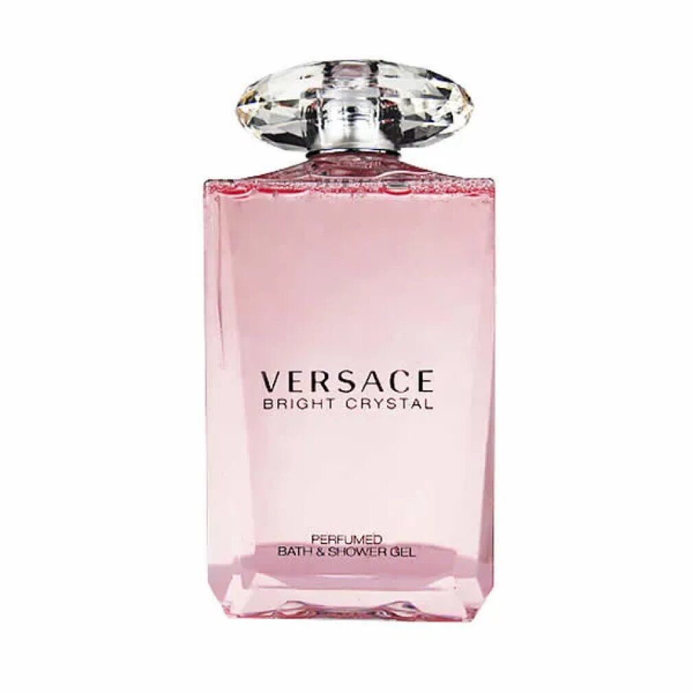 Rosa Flasche mit Kristallverschluss. Aufschrift: VERSACE Bright Crystal, Perfumed Bath & Shower Gel.