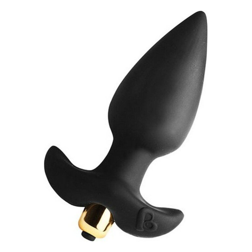 Schwarzer Analplug mit tropfenförmigem Kopf und goldfarbenem Sockel. Griff mit Logo.