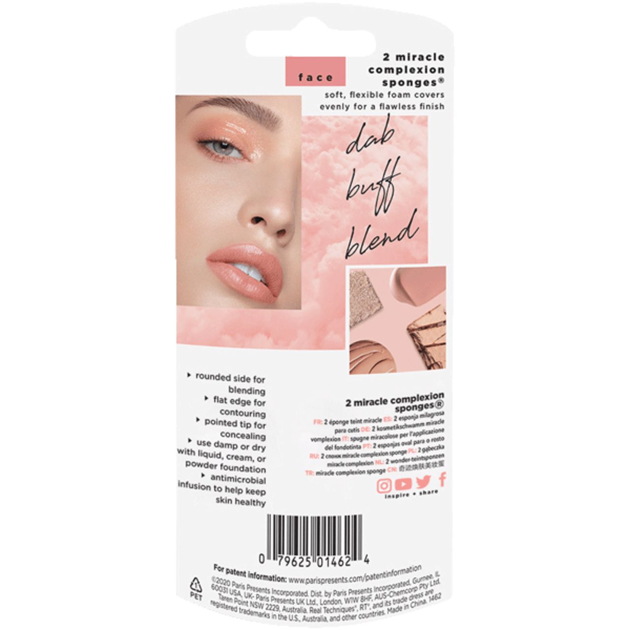 Rückseite der Verpackung mit Produktinformationen. Enthält Text, Bilder und Logos. "2 miracle complexion sponges" ist sichtbar.