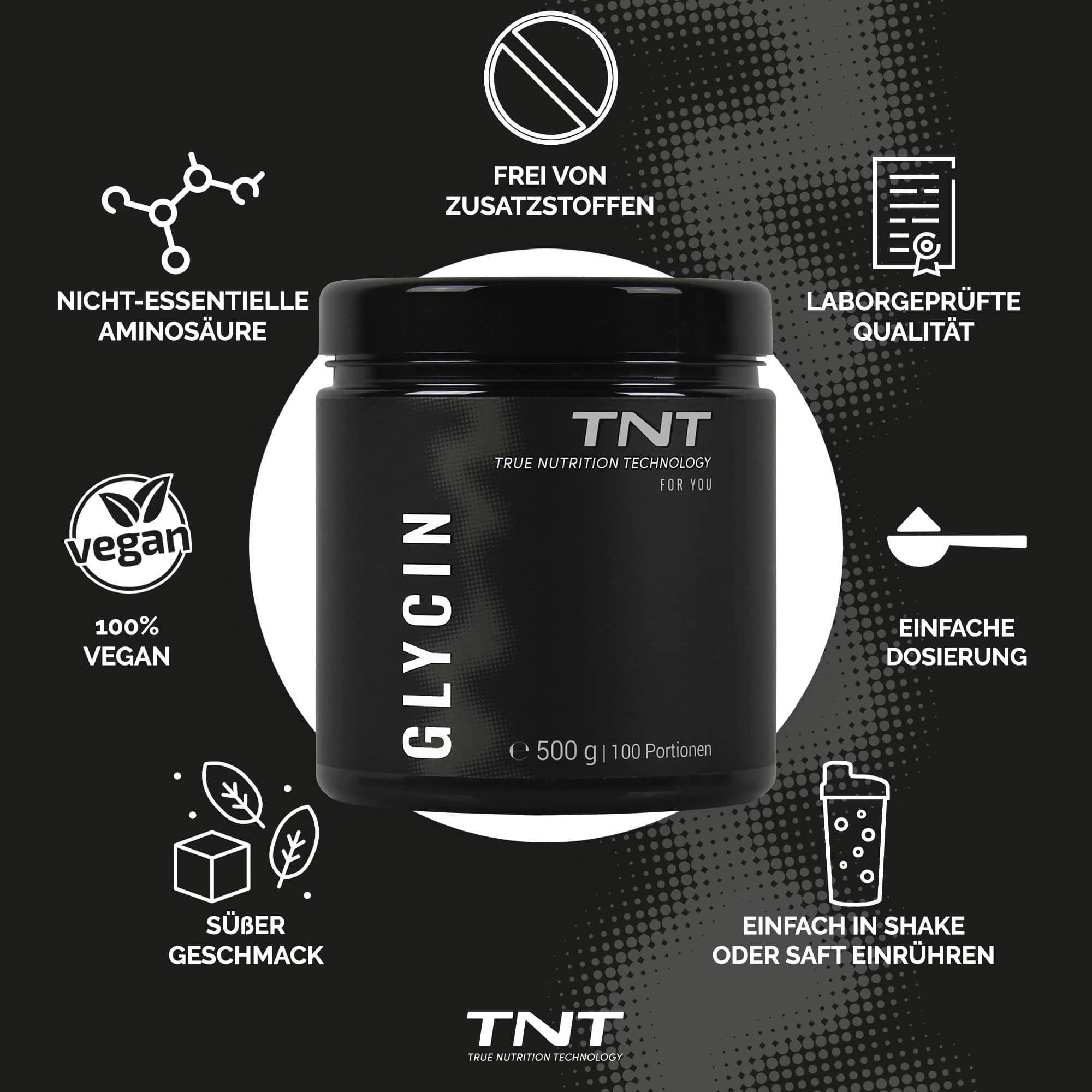Schwarzer Behälter mit TNT Glycin. Enthält 500g, 100 Portionen. Logos: Vegan, Laborgeprüfte Qualität, etc.