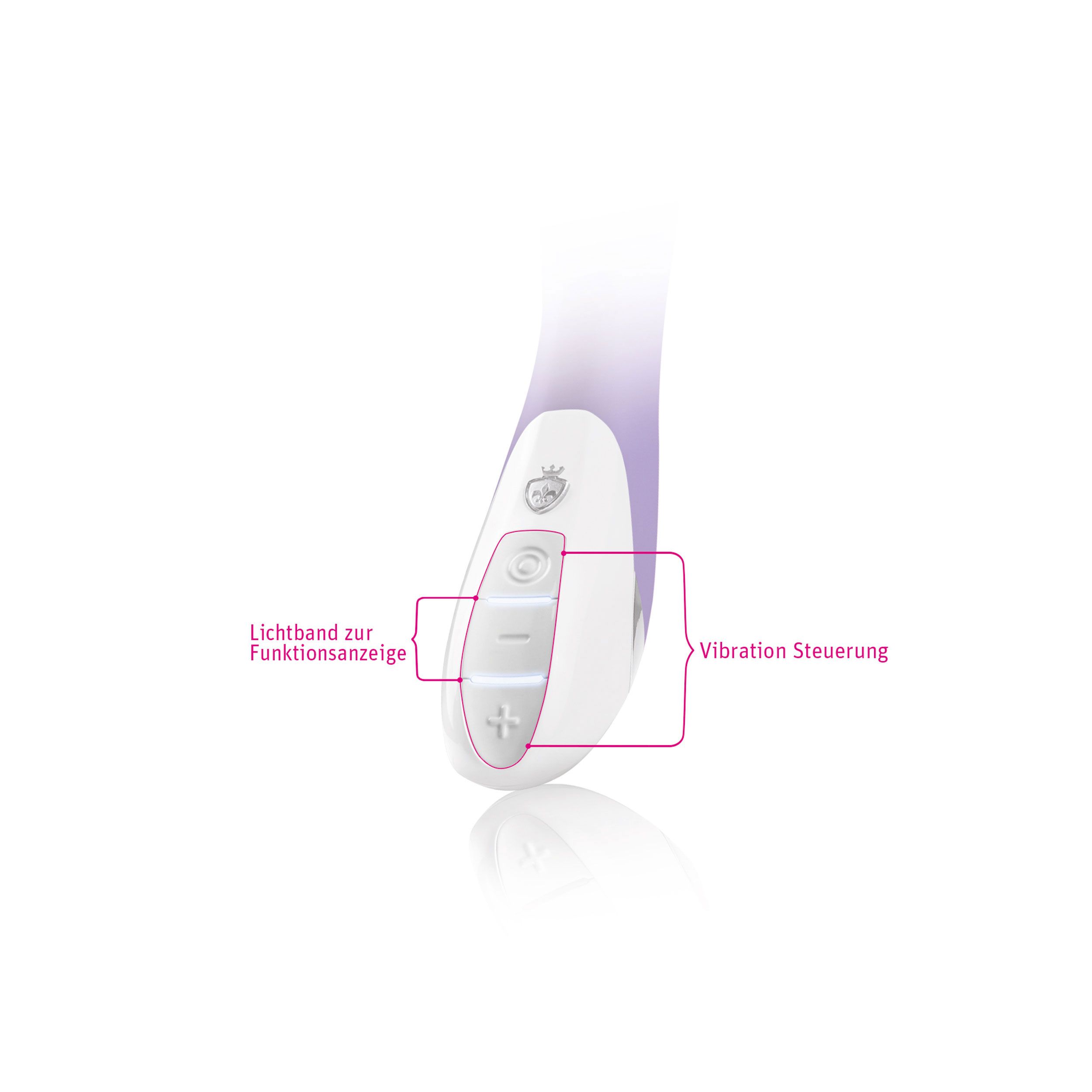 Nahaufnahme des Vibrator-Bedienfelds. Knöpfe mit Plus- und Minuszeichen. Beschriftung: Vibration Steuerung.