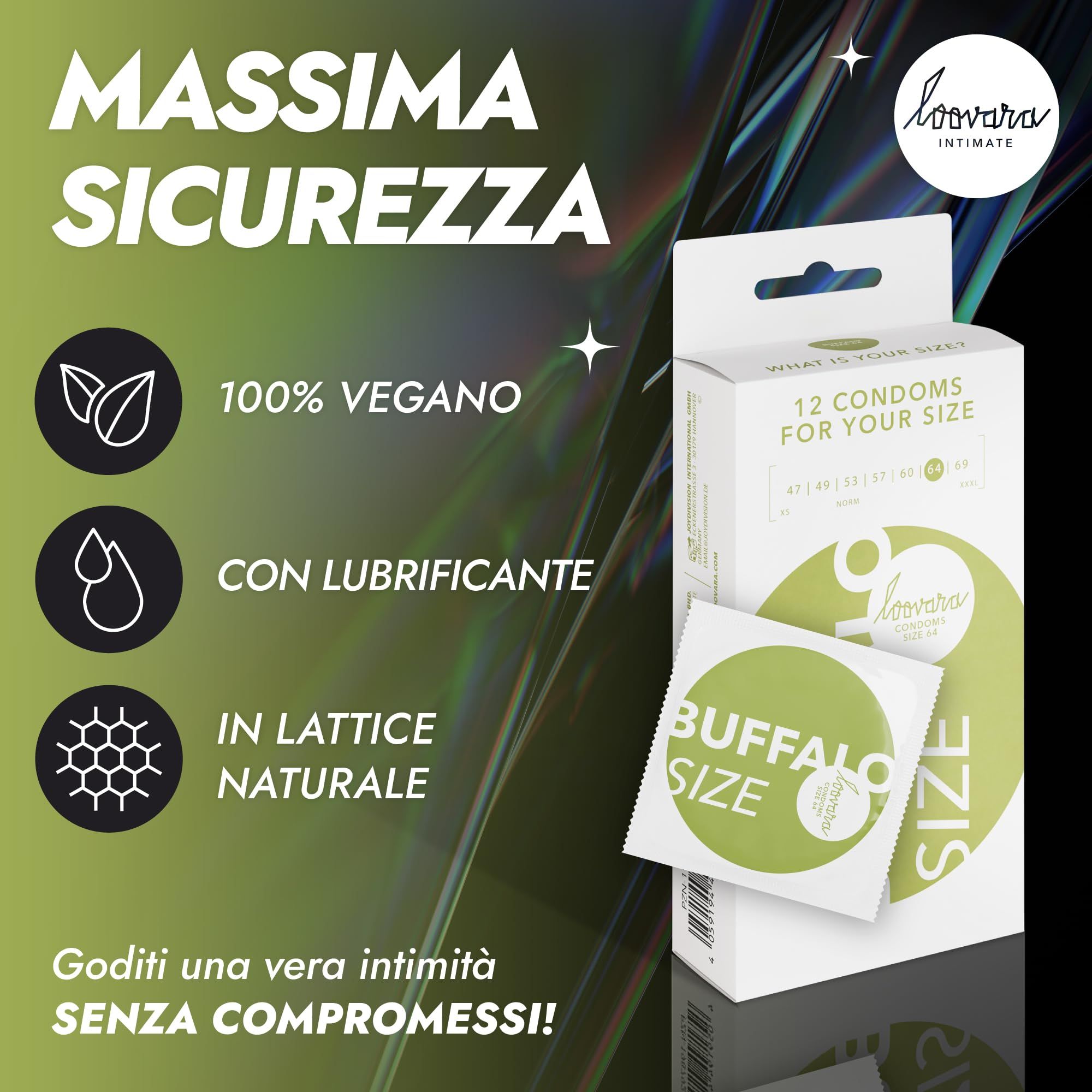 Verpackung Loovara Buffalo XXL Kondome, 12 Stück. Icons für vegan, Gleitmittel, Naturlatex.