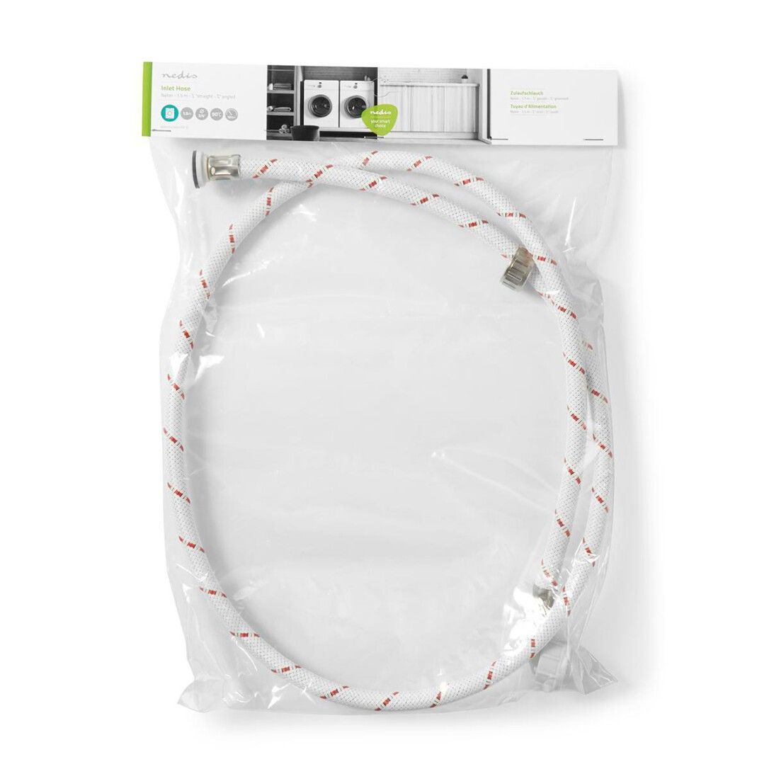 Weißer Schlauch mit roten Ziernähten in transparenter Verpackung. Auf der Verpackung Text und Logo.