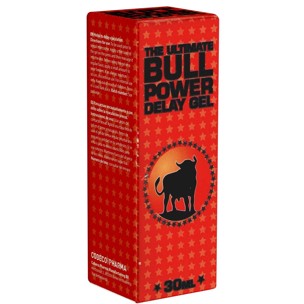 Rote Verpackung mit Produktnamen und Bullen-Logo. Text: The Ultimate Bull Power Delay Gel. 30ml. Cobeco Pharma.