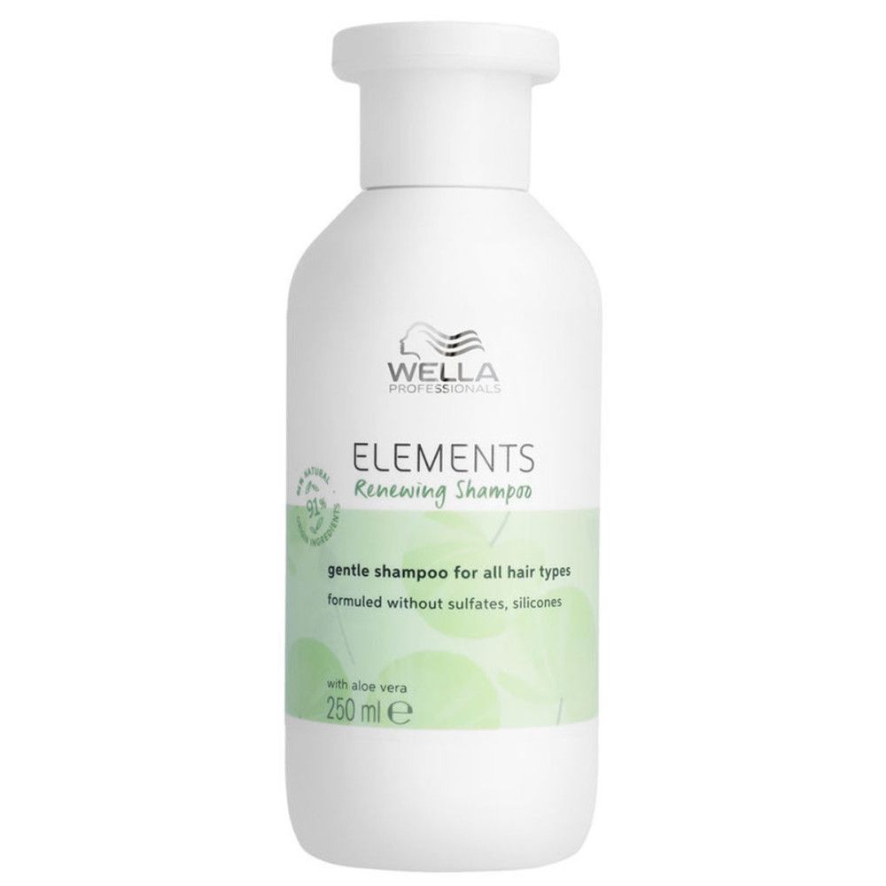 Weiße Shampoo-Flasche mit grünem Etikett. Aufschrift: Wella Elements Renewing Shampoo, sanft für alle Haartypen, ohne Sulfate und Silikone.