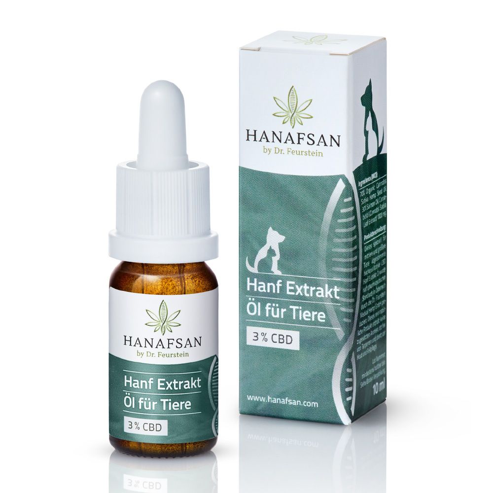 Braune Glasflasche mit weißem Tropfer und Verpackung. Beschriftung: Hanf Extrakt Öl für Tiere, 3% CBD. Marke: HANAFSAN.