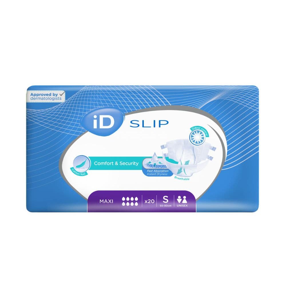 iD Slip Maxi-Packung. Blau-weißes Design. 'Comfort & Security' und 'Maxi' Schriftzug. Größe S, 20 Stück.