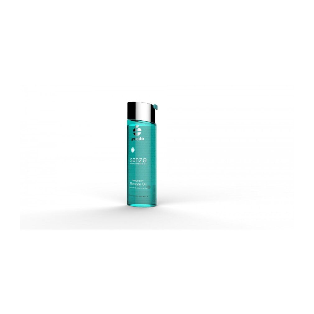 Türkisgrüne Flasche mit silbernem Deckel. Aufschrift: swede, senze, Massage Oil. Enthält Spearmint, Rose, Orange.