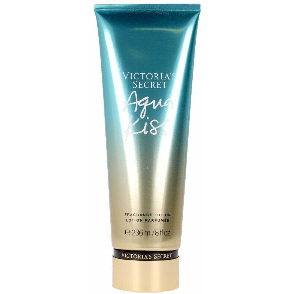 Lotion-Tube mit blau-goldener Farbverlauf. Aufschrift: Victoria's Secret Aqua Kiss, Fragrance Lotion. Volumen: 236ml/8 fl oz.