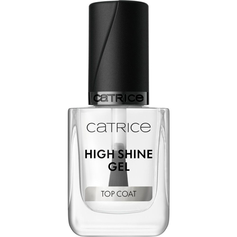 Klare Nagellackflasche mit schwarzem Deckel und Pinsel. Aufschrift: Catrice, High Shine Gel, Top Coat.