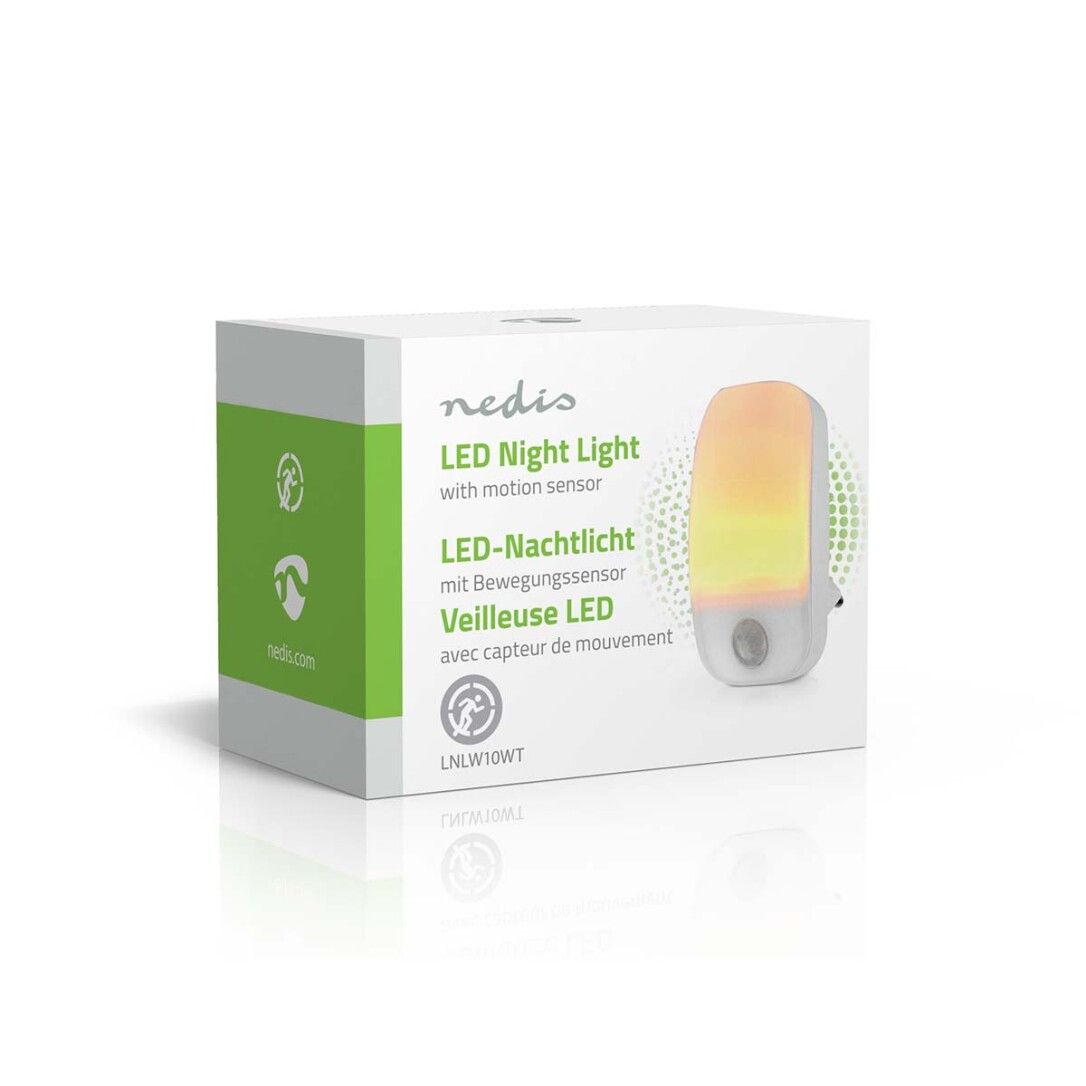 Verpackung für LED-Nachtlicht mit Bewegungssensor. Text: Nedis, LED-Nachtlicht, LED-Nachtlicht, Veilleuse LED.