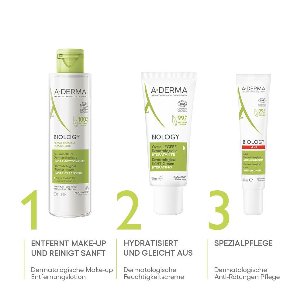Drei Produkte: Reinigungslotion, Feuchtigkeitscreme, Anti-Rötungen Pflege. Text: A-DERMA BIOLOGY. Produkte in weißer Verpackung.